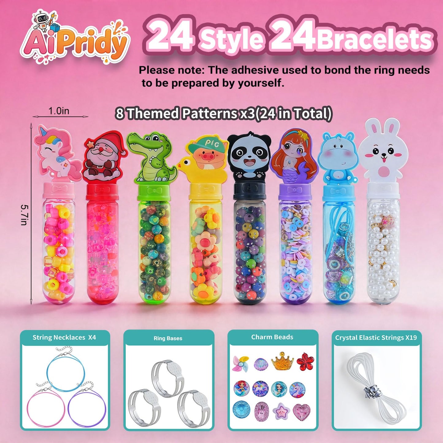 AIPRIDY Creative Beading Kit, Charm Bracelet Jewelry Making Kit for Kids, 24 Styles, 24 Pack Bracelet Wands,Classroom Prizes,Goodie Bags Stuffers, Ages 4+ (Glass+Plastic Mixed)
