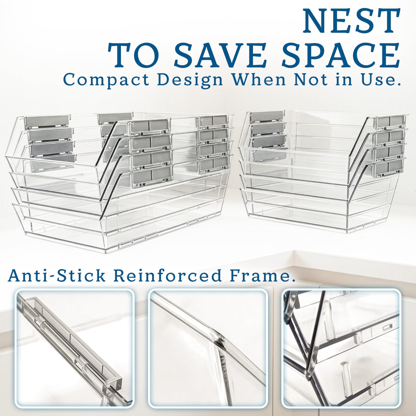 HOMESTEAD Set of 8 Stackable Storage Bins, 4 Large + 4 Small Clear Plastic Organizer Bins, Open Front Design for Kitchen Pantry, Fridge, Cabinet, Bathroom Organization and Bulk Snack Storage