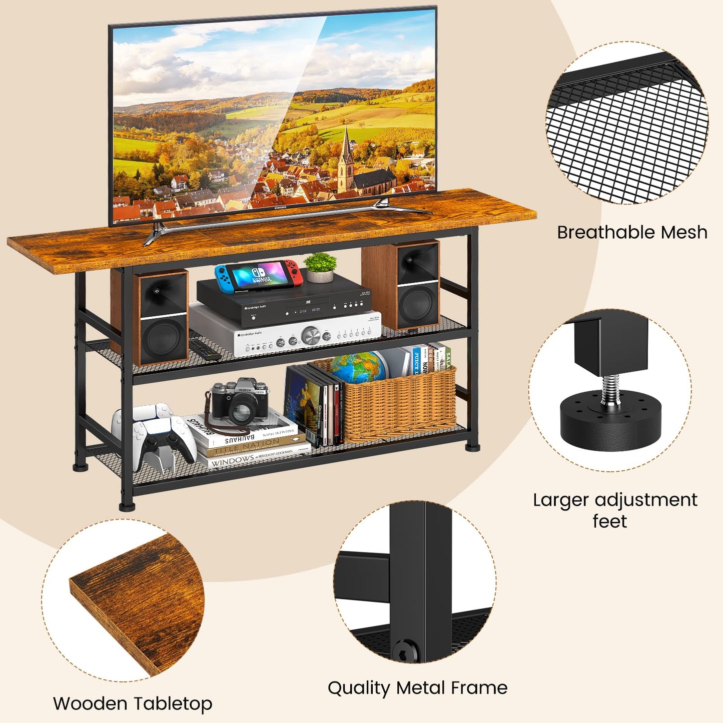 ThreeHio TV Stand for TVs up to 55 Inch TV, Entertainment Center with 3 Tier Open Storage Shelves, Media Console Table for Living Room, Bedroom, Rustic Brown