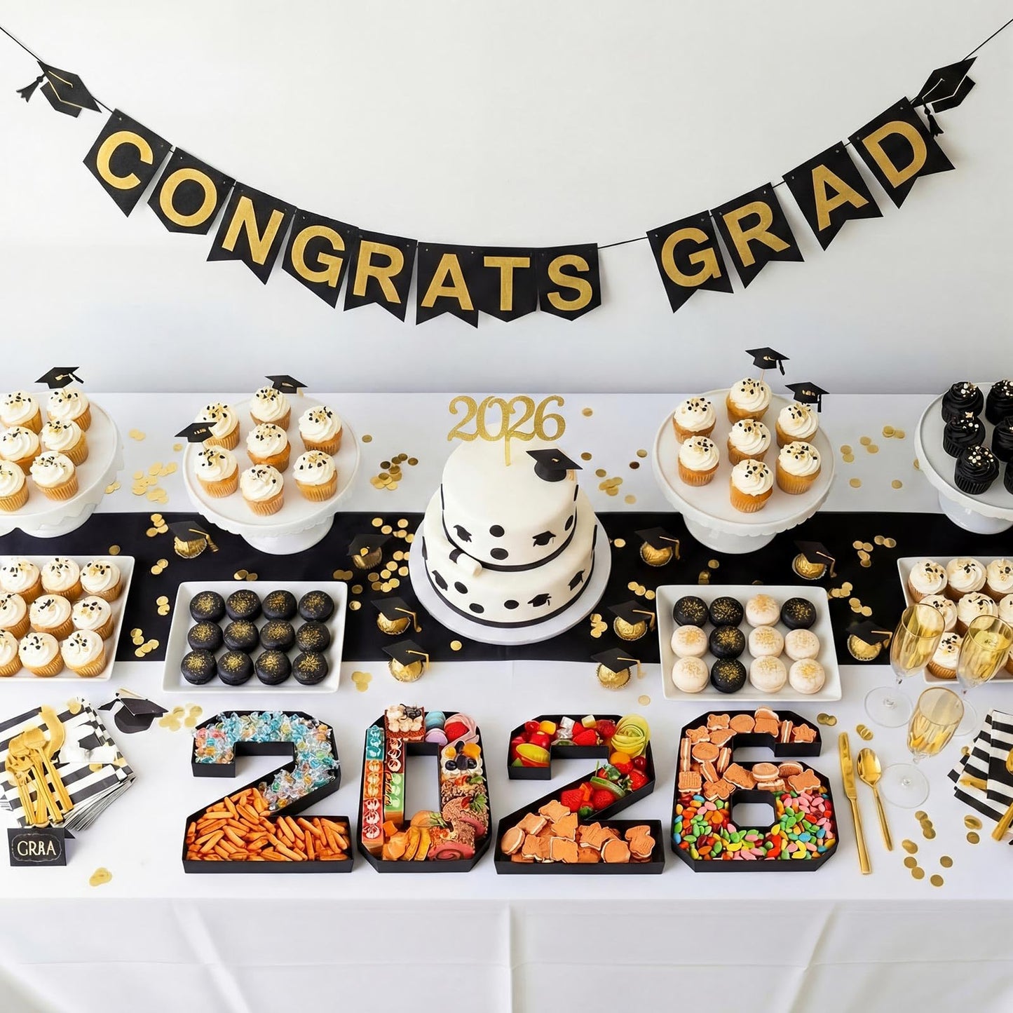 Mooliwe 4 Pcs 2026 Graduation Fillable Numbers for Charcuterie Class of 2026 Cardboard Number Grad Charcuterie Board Serving Trays Graduation Food Box for Tray Party Supplies(Black)
