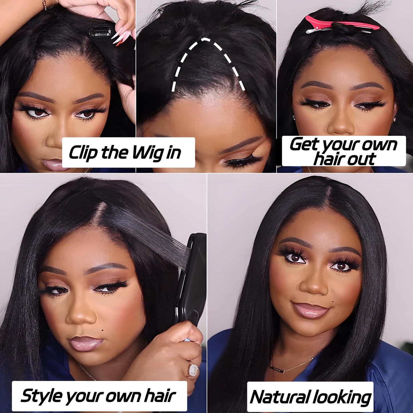 Prtyopp V Part Wig Human Hair Kinky Straight Vpart Human Hair Wig Upgrade U Part Wig Yaki Straight Clip in Half Wigs for Black Women Human Hair Glueless No Leave Out 180% Density Natural Color 16 Inch