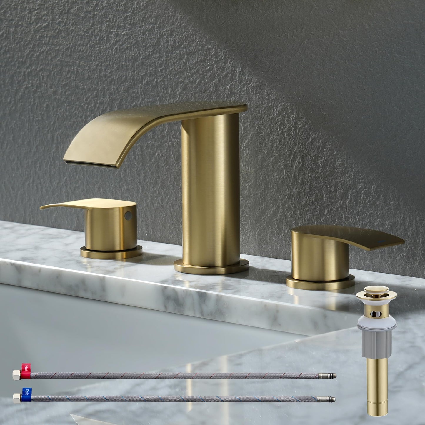 Ultimate Unicorn 8 inch Bathroom Faucet Brushed Gold, Waterfall Bathroom Sink Faucet with Metal Pop-up Sink Drain Stopper and 2 Supply Hoses,2 Handle Widespread Faucet for Vanity Sink 3 Holes