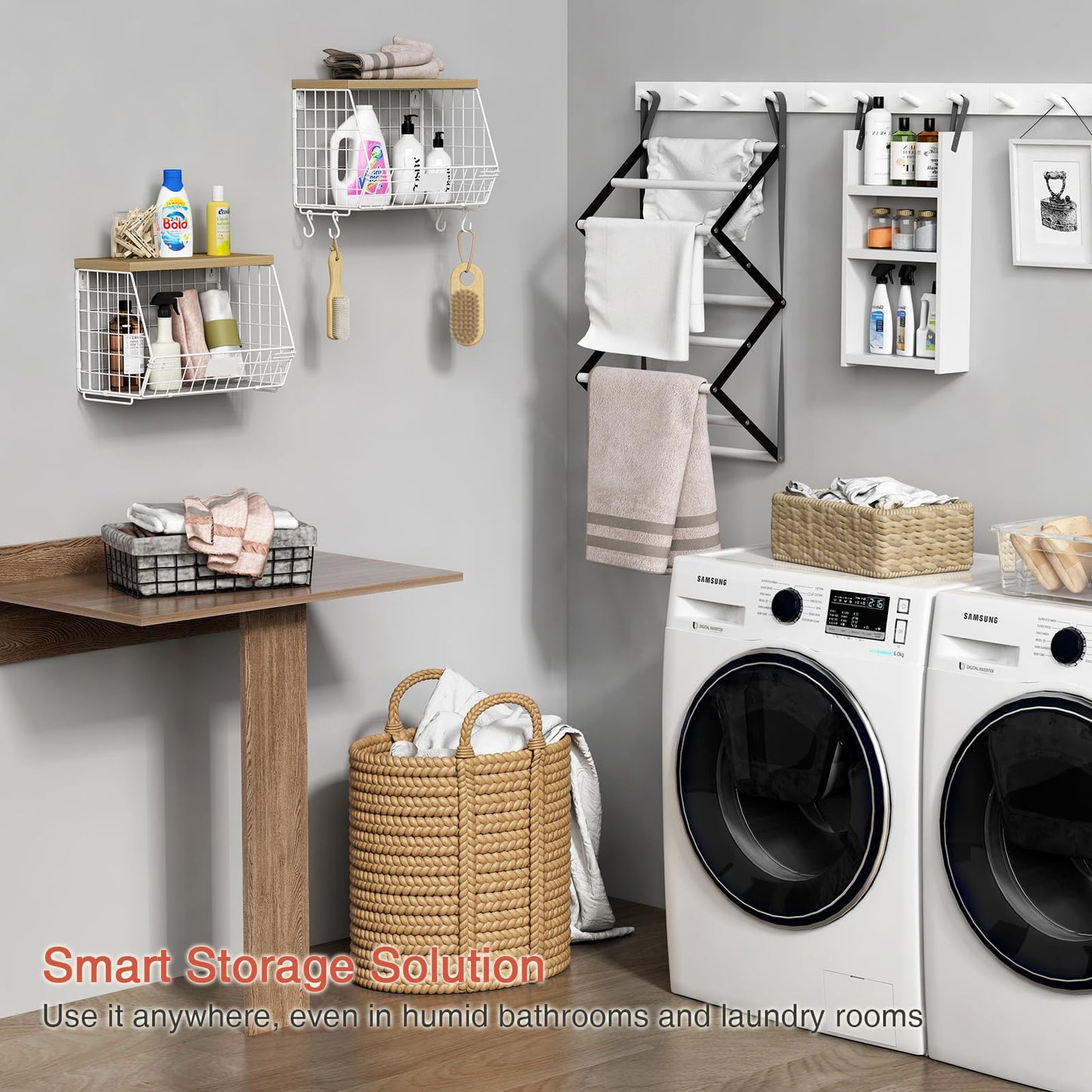 Goozii White Fruit Storage Basket for Kitchen Counter Set of 2, Wall Mount Wire Fruit Basket with Shelf with Banana Hanger, Hanging Countertop Organizer for Bathroom Pantry Cabinet, White + Natural