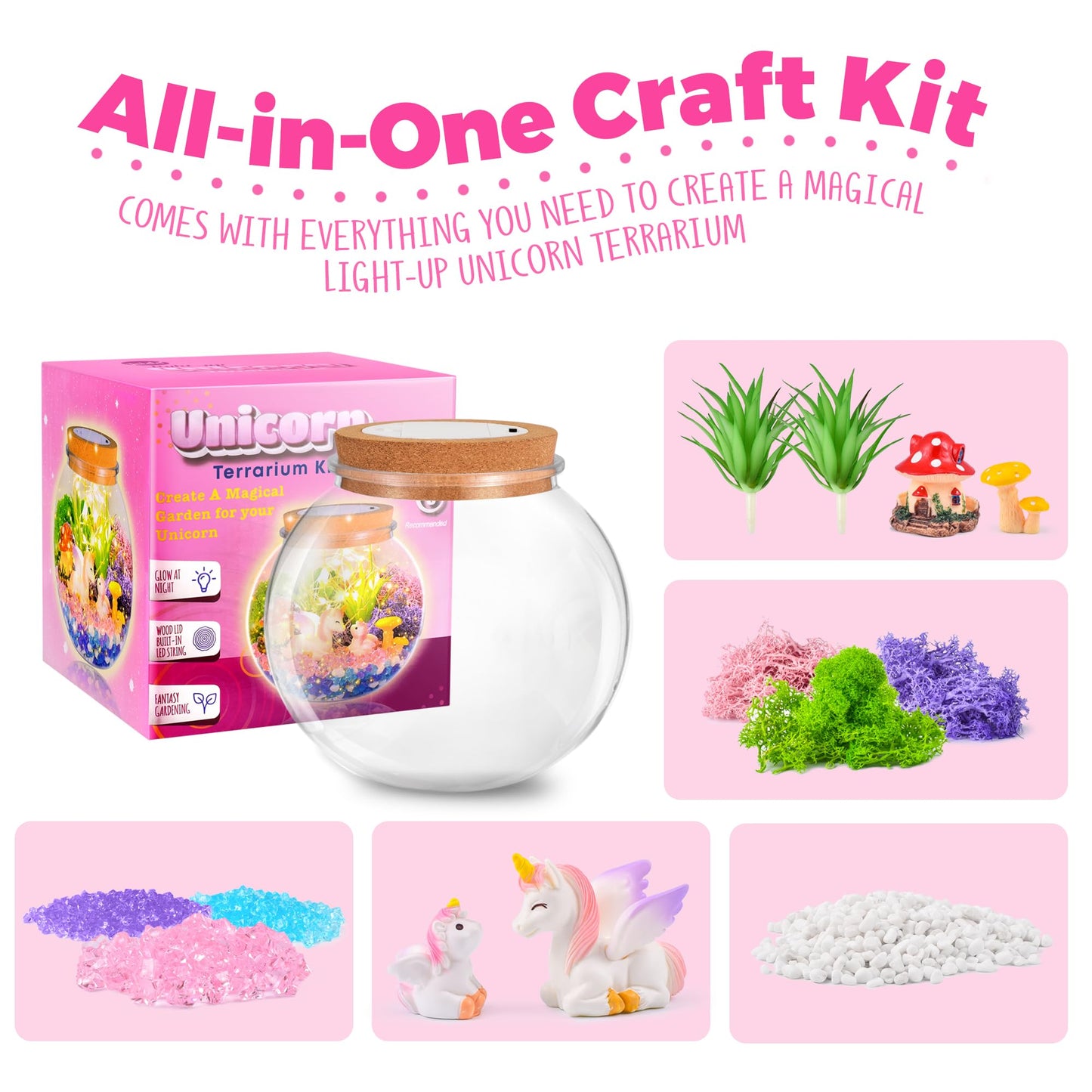 KASU Unicorn Gifts for Girls - DIY Light Up Terrarium Kit - Kids Craft Toy - Birthday Gift for 5-12 Year Old Girls