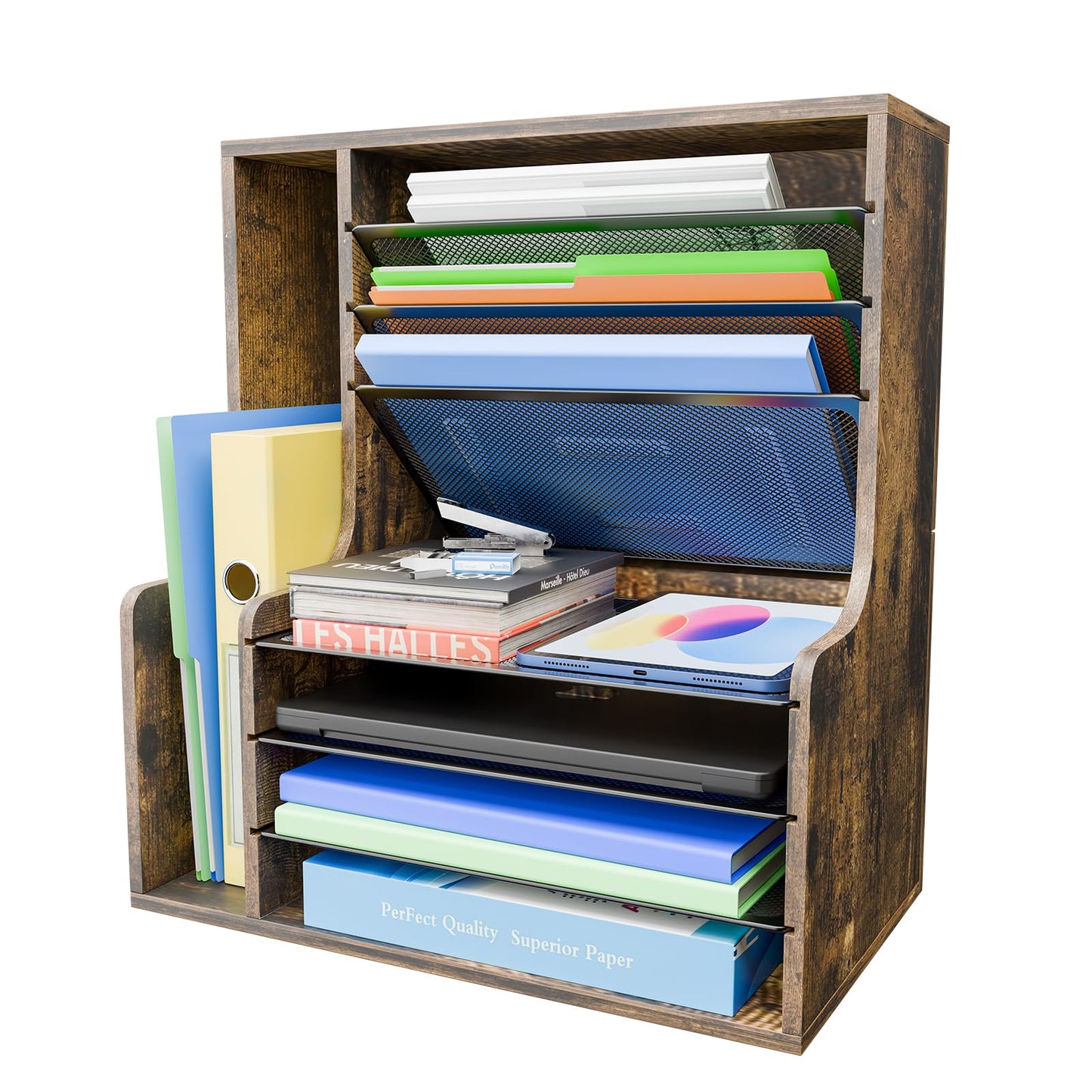 Simple Trending 7 Tier Desk File Organizer, Wooden Letter Tray Paper Organizer with Adjustable File Holder, Mesh Desktop Organizer and Storage for Office Supplies