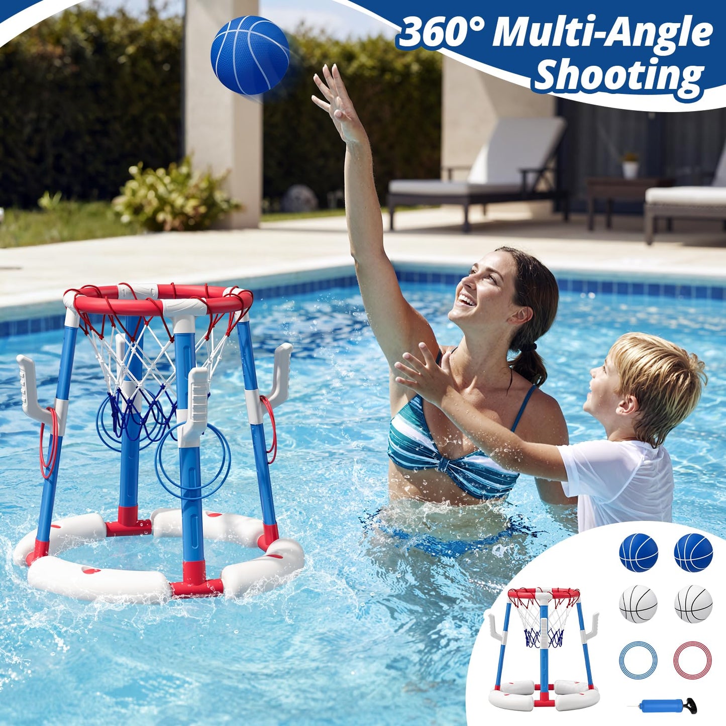 2 in 1 Pool Basketball Hoop Set with Ring Toss Game, Floating Water Pool Toys with 4 Balls, 8 Rings & Pump, Summer Outdoor Swimming Pool Toys Gifts for Adults Kids Teens, Red