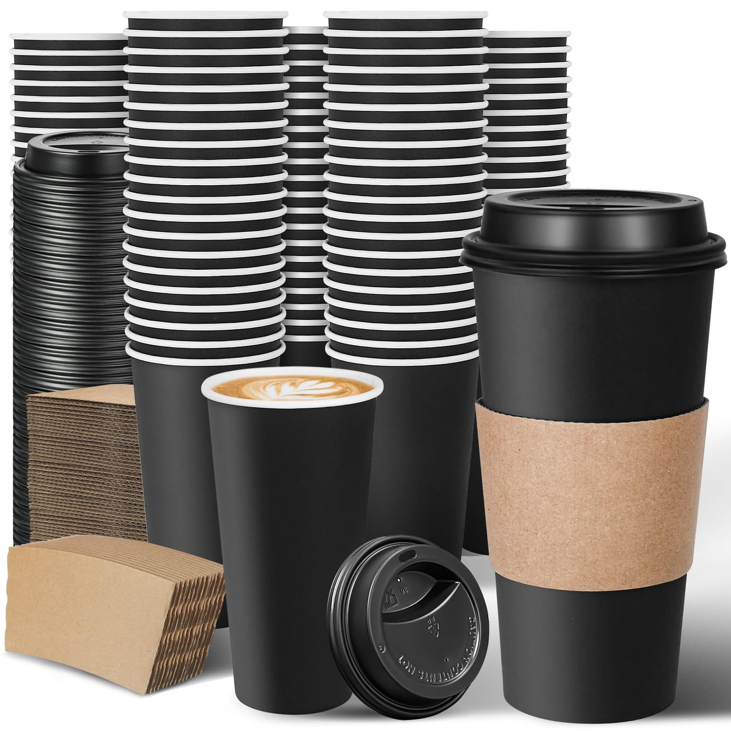 Ginkgo 100 Pack 20 oz Disposable Coffee Cups with Lids and Sleeves, Leak-Free Black Insulated Hot To Go Cups for Coffee Bars, Restaurants, Offices