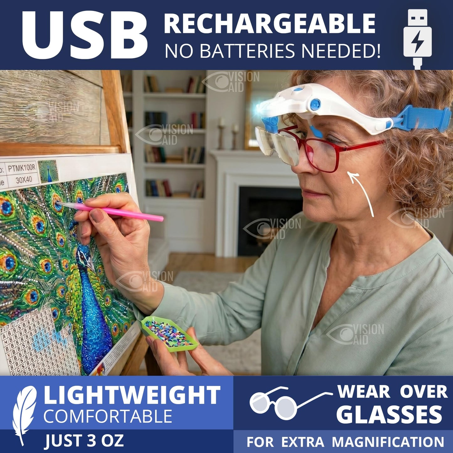 Vision Aid Expert Edition Magnifying Glasses with USB Rechargeable LED Light and Storage Case Hands Free Head Magnifier for Hobby Painting Close Work
