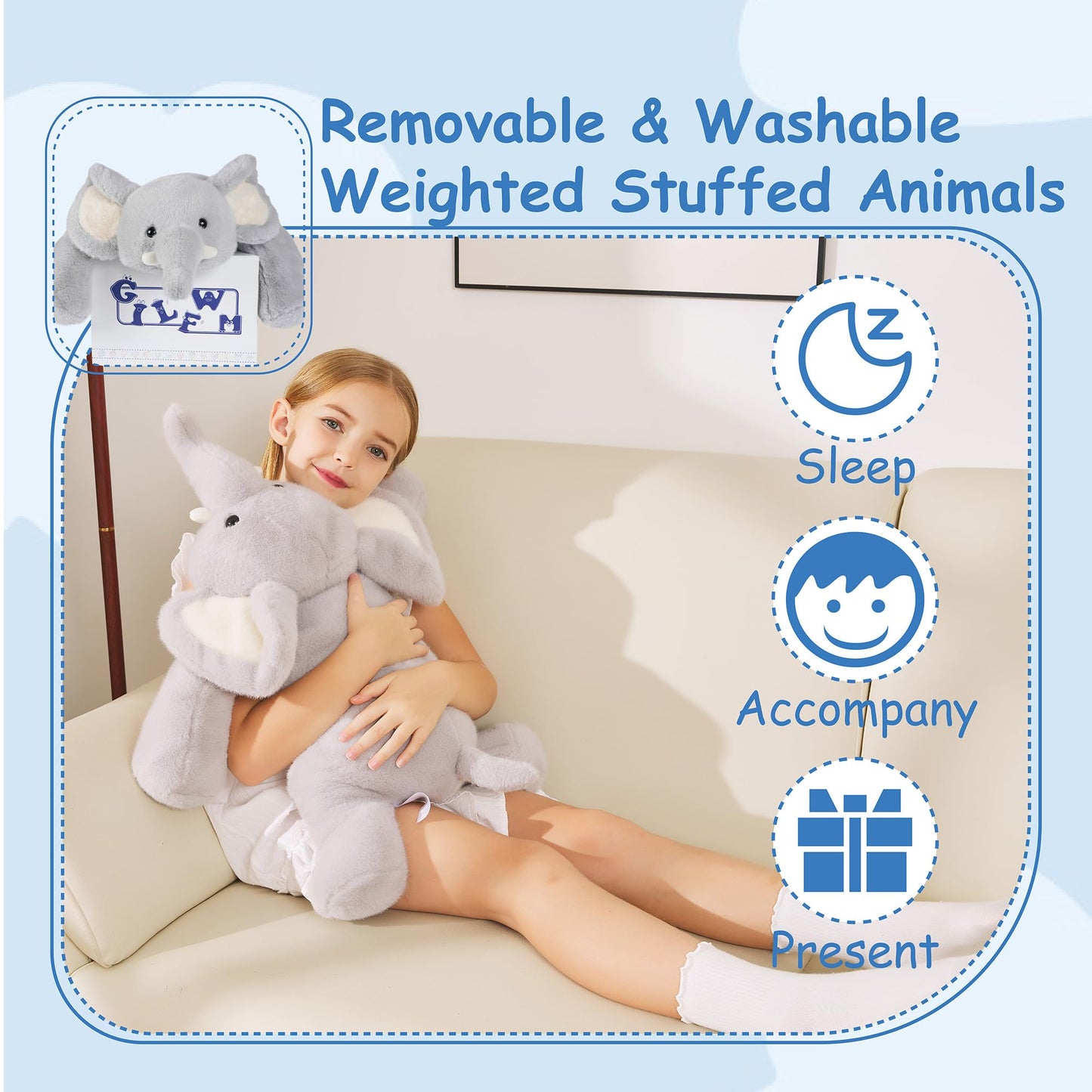 GILFWM Weighted Stuffed Animals Elephant - 25" Big Stuffed Animal Toy Pillow for Kids & Adults, 5 lbs Ultral-Soft Washable Weighted Plush