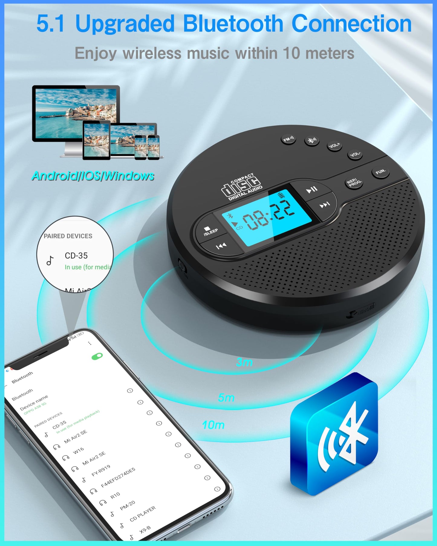 Sunoony Portable CD Player with Bluetooth, Walkman CD Player with FM Transmitter and Speakers for Car, Rechargeable Discman CD Player with Anti-Skip Protection, Headphones, LCD Display (Black)