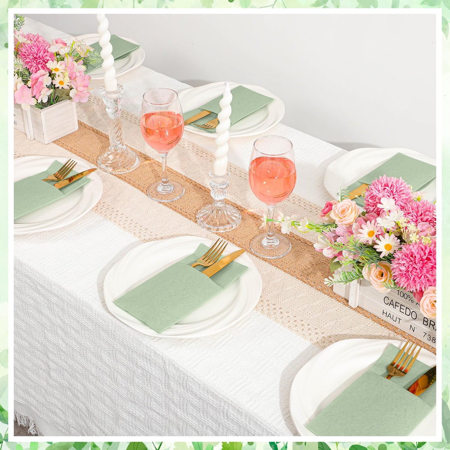 120 Pcs Sage Green Linen-Feel Paper Napkins with Built-in Flatware Pocket, Pocket Linen Napkins Prefolded Cloth Like Paper Napkins Bulk for Silverware Easter Wedding Baby Shower Birthday Bridal Party