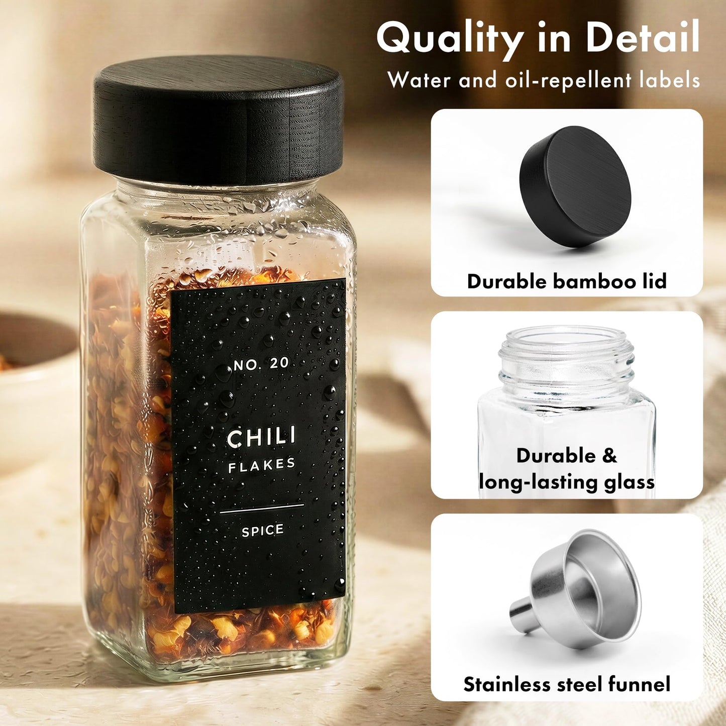 EDELHAUS® Square Spice Jars with Bamboo Wooden Lid (Pack of 24) Spice Jars with Shaker Insert and 240 Labels - Bamboo Lid Glass Container for Spice Organisation [4.3 in × 1.8 in]