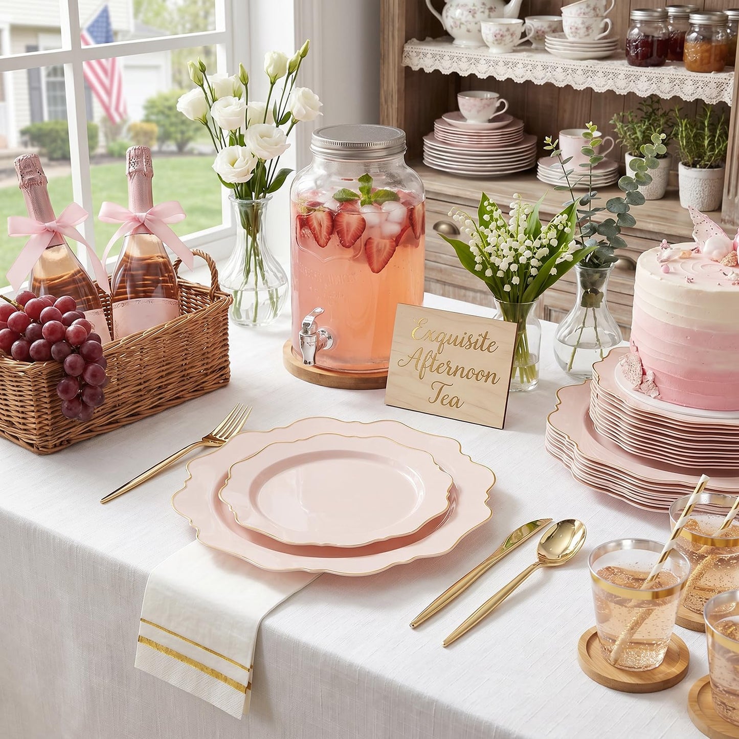 WDF 350Pcs Pink Plastic Plates - Pink and Gold Disposable Plates 50Guest Plastic Dinnerware for Baby Shower/Birthday/Wedding/Spring/Mother's Day