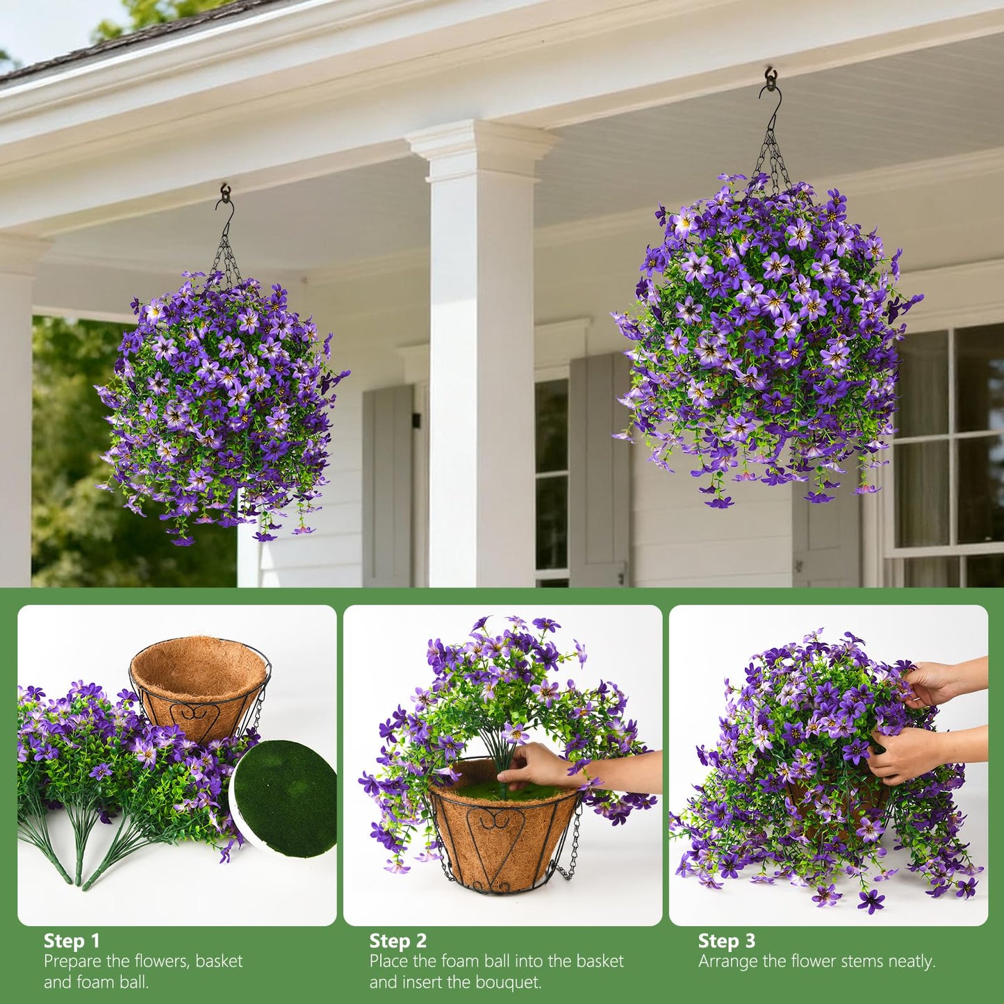 Artificial Faux Hanging Flowers Plants Baskets for Outdoors Fake 3 Bundles Silk in Planter UV Resistant for Porch Patio Balcony Garden Yard Home Decor (3Pcs Purple,1Pcs Hanging Basket)
