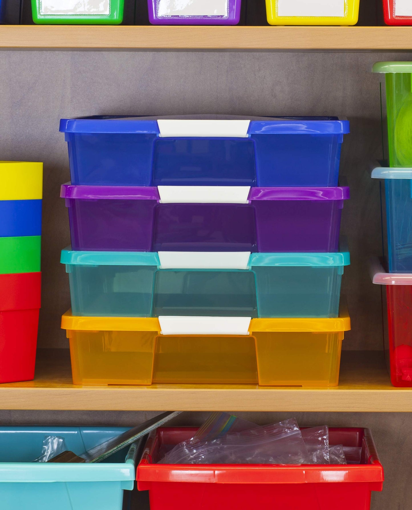 Storex Classroom Craft Project Box – Stacking Plastic Organizer Fits 12x12 Scrapbooking Paper, Green, 5-Pack (63207U05C)
