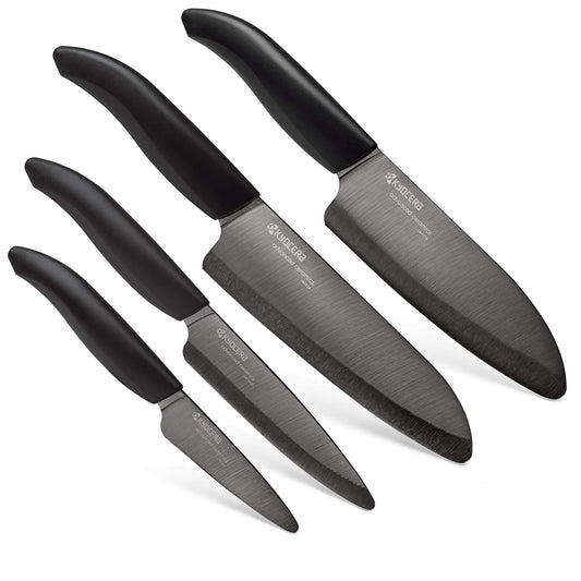 Kyocera’s Revolution 4-Piece Ceramic Knife Set: Chef Knife For Your Cooking Needs, Includes 6"Chef's Santoku, 5.5" Santoku, 4.5" Utility & 3" Paring Knives, Black