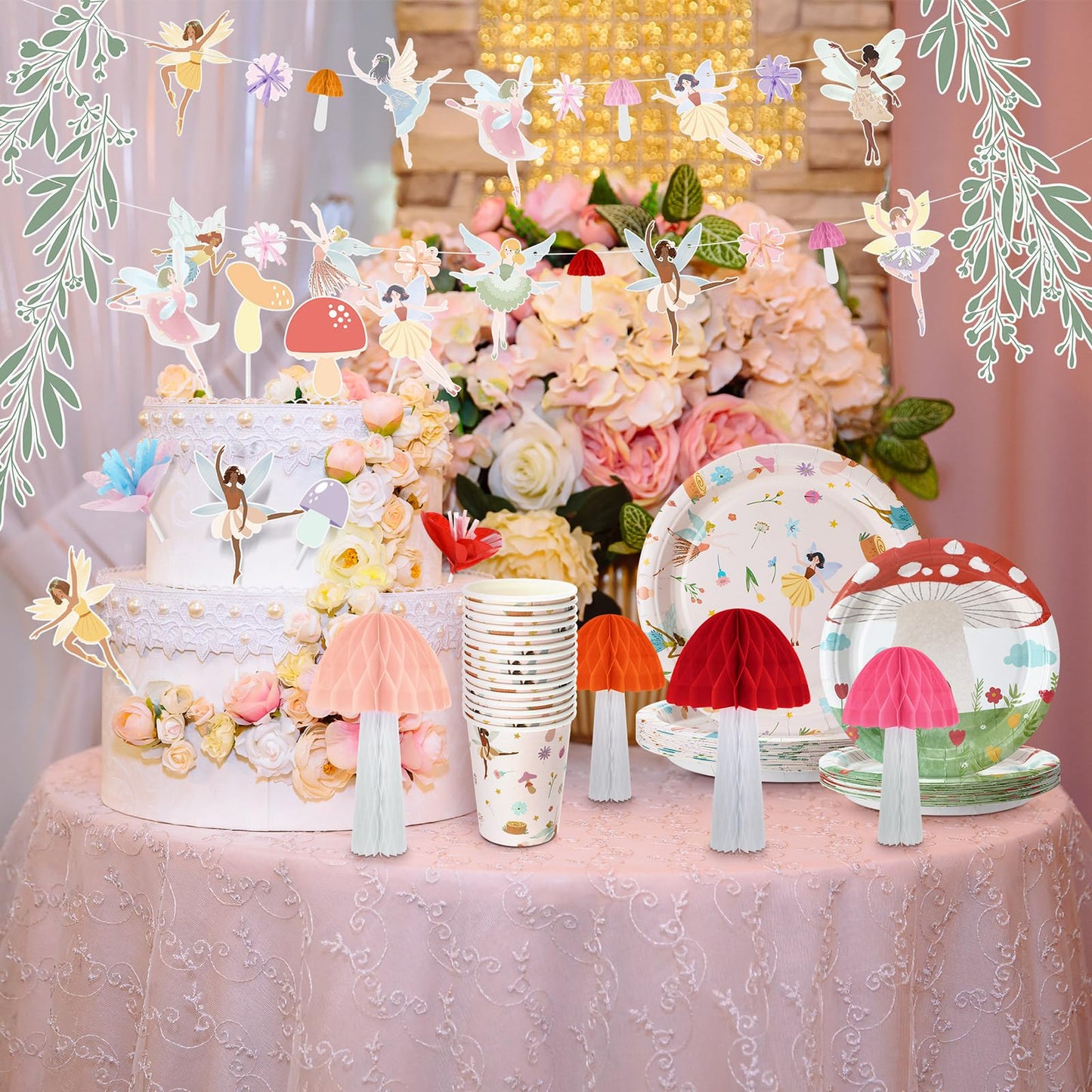 Honeydak 132 Pcs Fairy Party Supplies Decorations Include Fairy Disposable Floral Paper Plates Napkins Teacups Garland Banner Cake Topper and Honeycomb Mushroom for Spring Ballet Forest Birthday Party