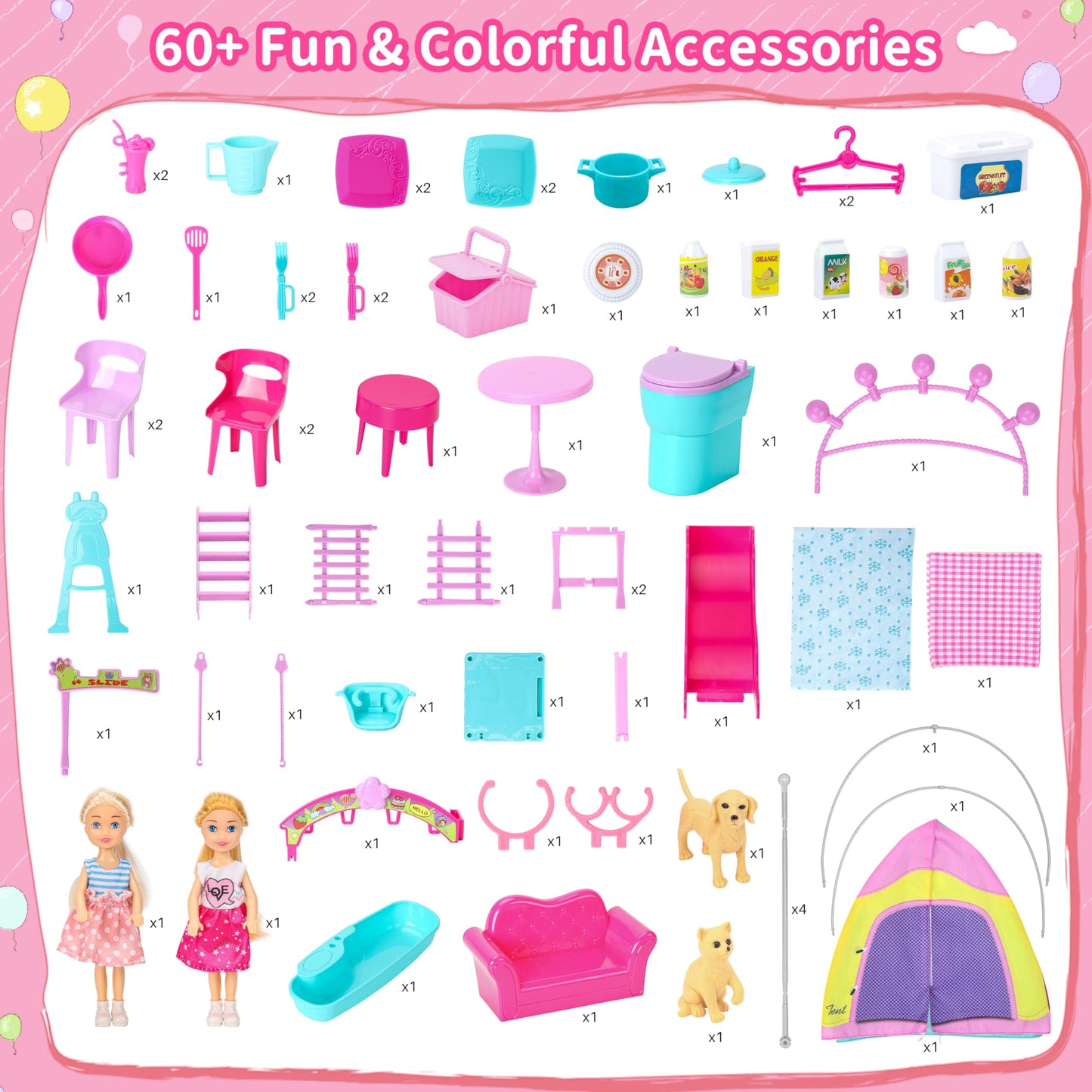 Style Shine Doll House Portable & Foldable Dollhouse w/ 60+ Pcs & 2 Dolls, Play House Toy with Bedroom Kitchen Furniture Camping Playset, Playhouse Birthday Gift for Girl Kid Toddler