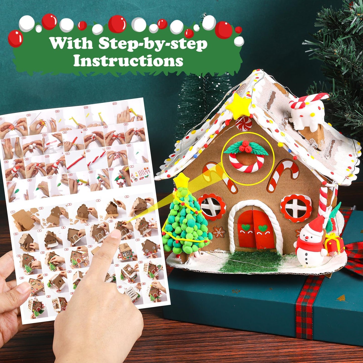 Fovths 4 Sets Clay Christmas Gingerbread House Kit with Lights Craft Cardboard Gingerbread House DIY Christmas Decorations Holiday Activity Arts and Crafts for Christmas Party Supplies Decoration