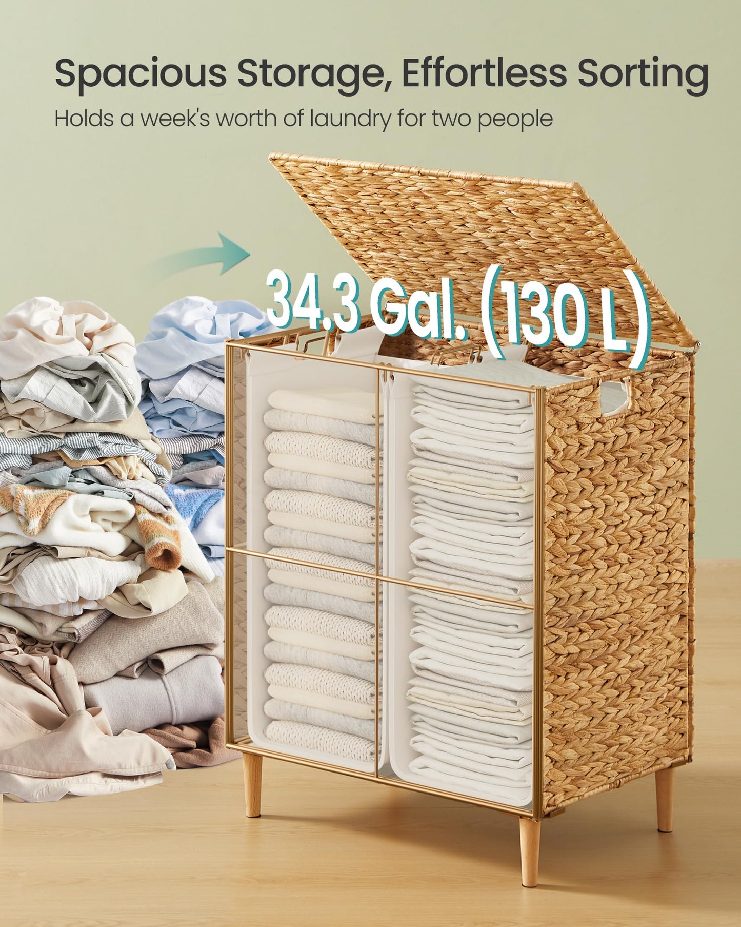 SONGMICS Laundry Hamper 2 Sections, 34.3 Gal. (130 L) Handwoven Water Hyacinth Wicker Laundry Basket with Lid, Natural Material, Removable Machine Washable Liners, Handles, Natural ULCB202Y01