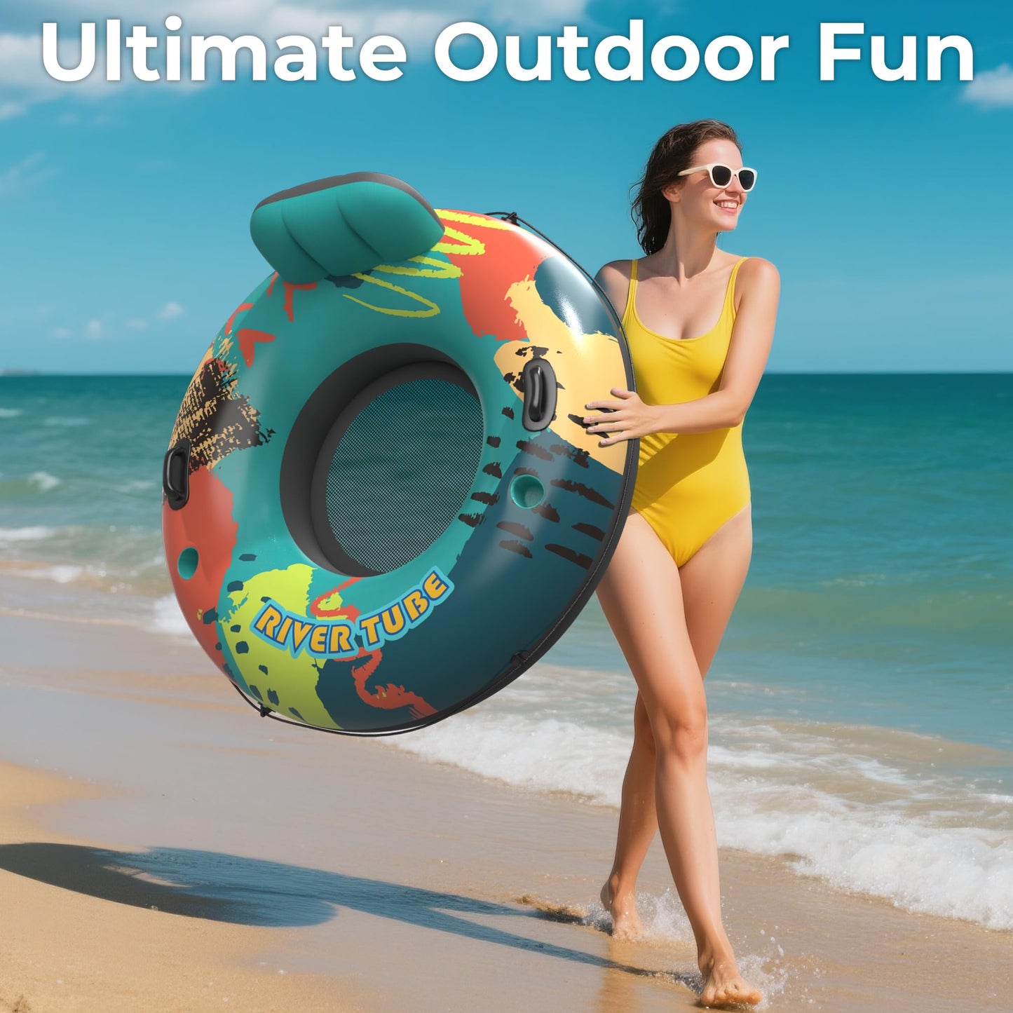53" Heavy Duty River Tube Float for Adults,Inflatable River Raft Float for Pool Lake Beach with Built-in Cup Holders, Ergonomic Backrest,Durable Grip Handles & Grab Rope, 360Lb Weight Capacity