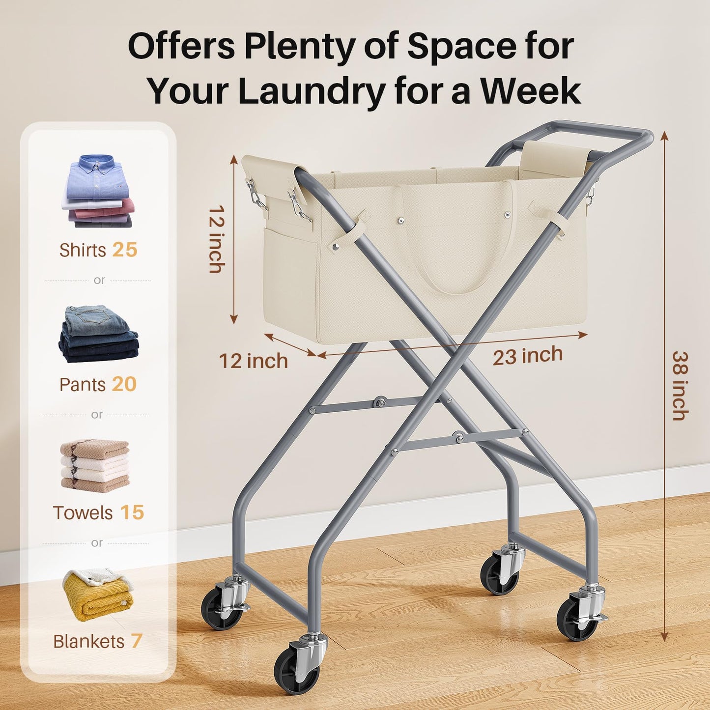 No-Bend Laundry Cart- Rolling Hamper with Locking Wheels & Handle, Foldable Basket Screw-Free Assembly, Durable Metal Frame & Removable Liner Bag for Bedroom & Bathroom (Beige)