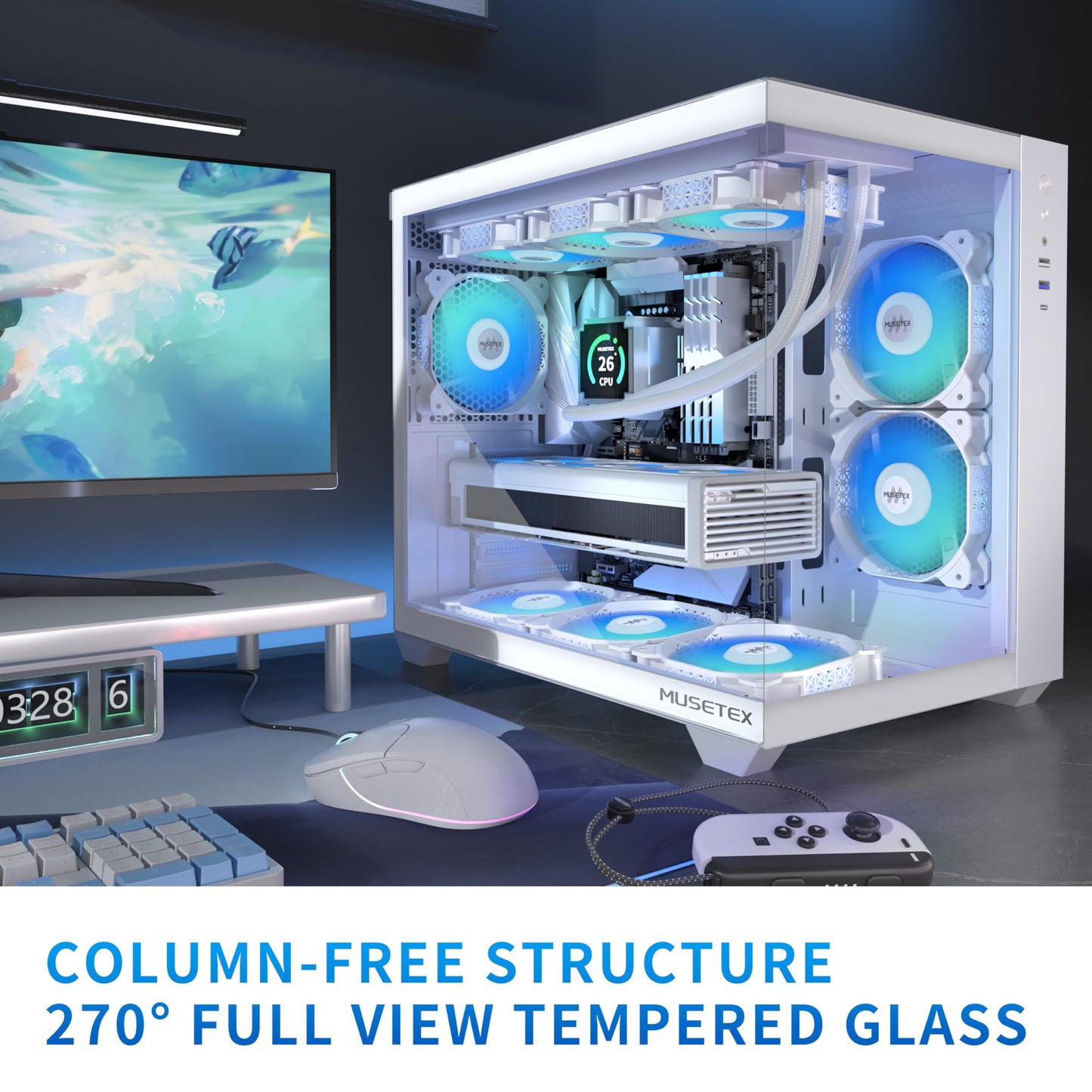 MUSETEX ATX PC Case, 6 PWM ARGB Fans Pre-Installed, 360MM RAD Support, Type-C Gaming PC Case, 270° Full View Tempered Glass Mid Tower, Pure White ATX Computer Case,Y6