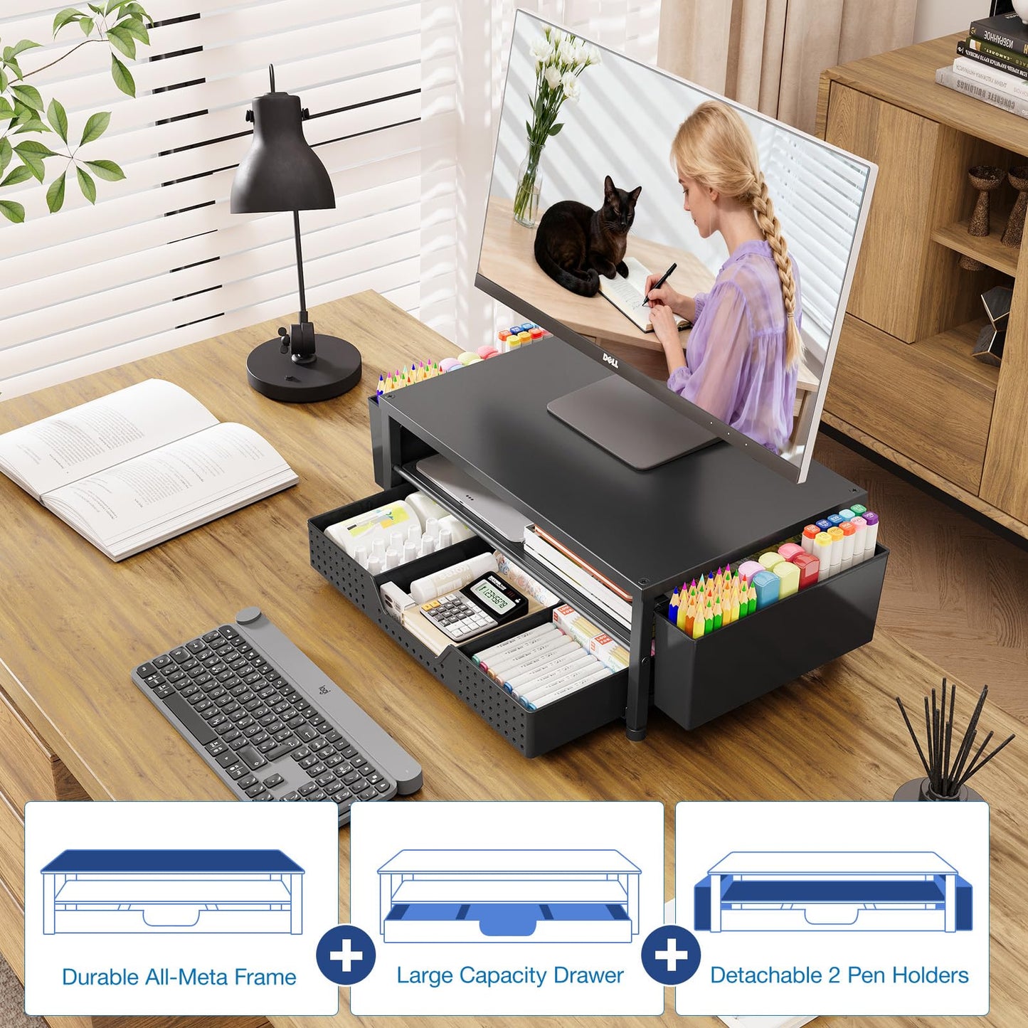 OPNICE Desk Organizer and Accessories, 2-Tier Computer Monitor Stand Riser with Drawer and 2 Pen Holders, Laptop Stand, Office Desk Accessories for Office Supplies, Black 2-Pack