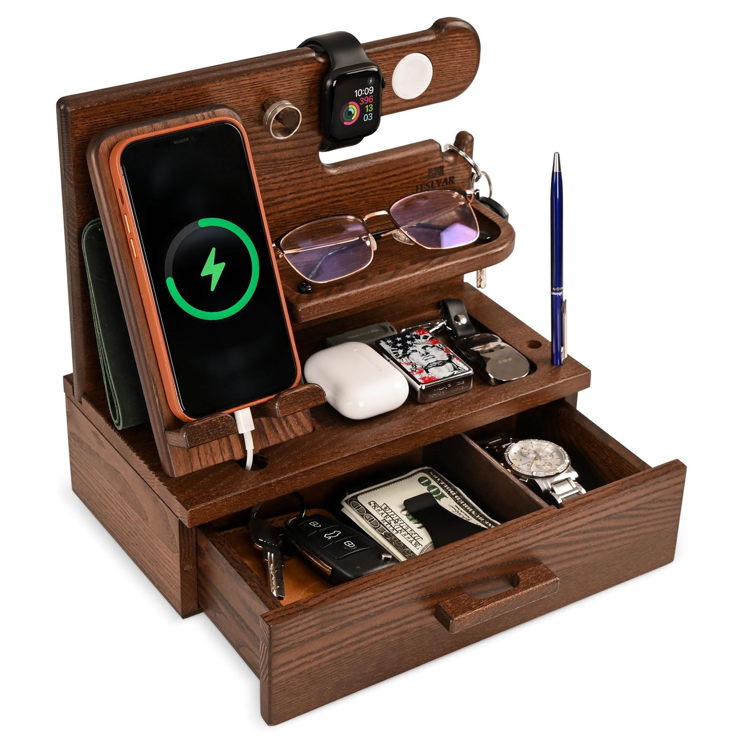 TESLYAR Wood Phone Docking Station with Drawer - Nightstand organizer- Desk Organizer for Husband - Birthday gifts for Men or Dad - Idea for Anniversary - Key Holder Stand Watch & Accessories (Brown)
