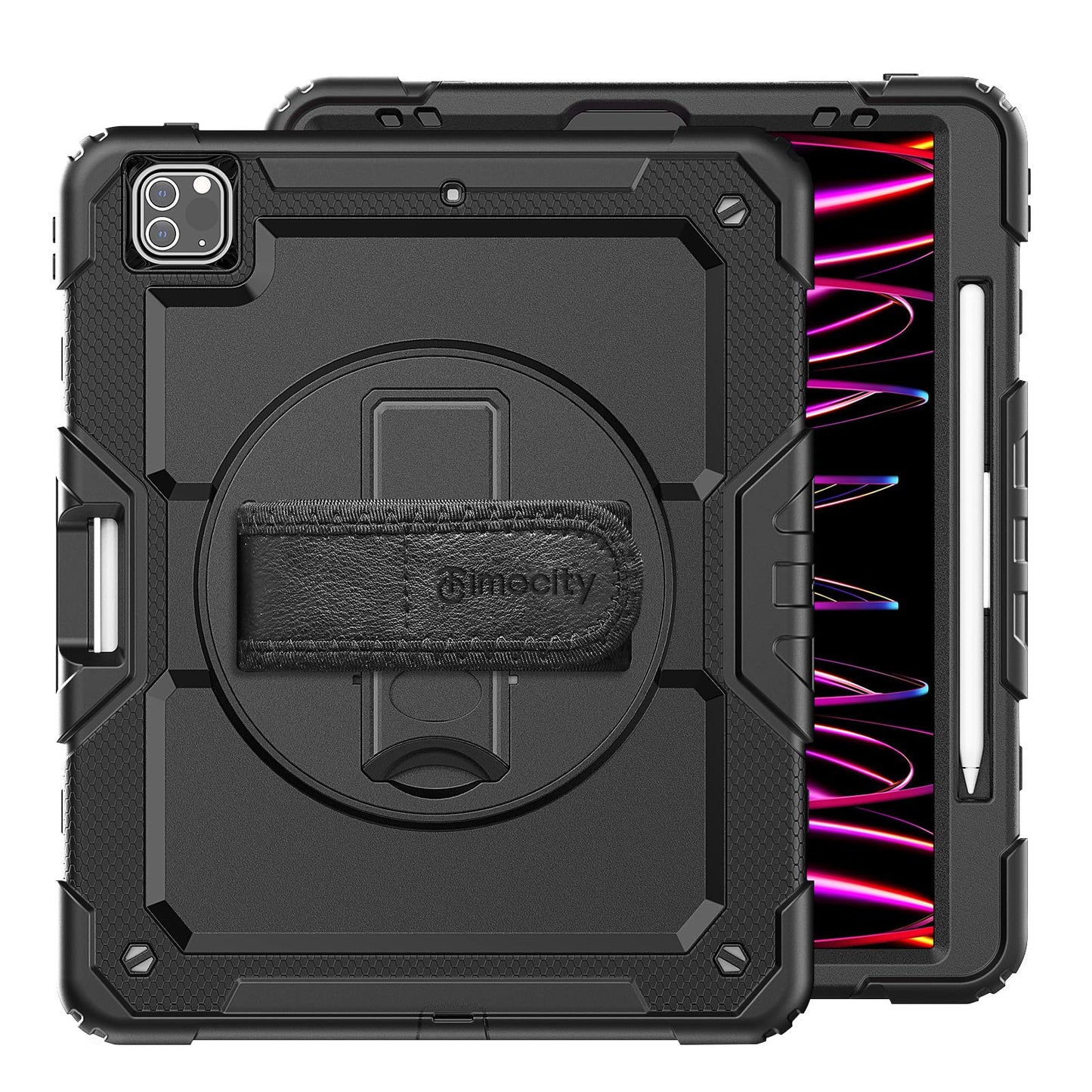 Timecity Protective Case for iPad Pro 12.9 inch 6th/ 5th/ 4th/ 3rd Generation, with Strong Protection, Screen Protector, Hand/Shoulder Strap, Rotating Stand, Pencil Holder - Black