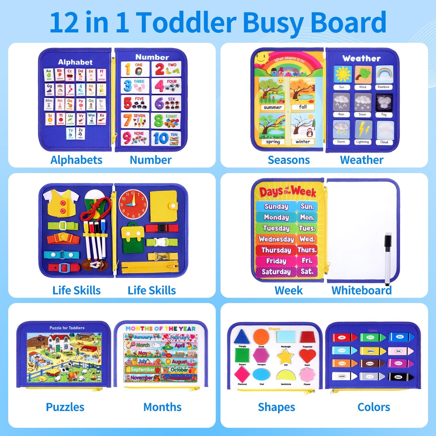 Toddler Busy Board Montessori Toys, 12-Page Busy Book, Quiet Educational Activity Book, Learning Sensory Toys for Motor Skills, Travel Toy for Car Airplane, Birthday Gifts for Boy Girl Kids (Blue)