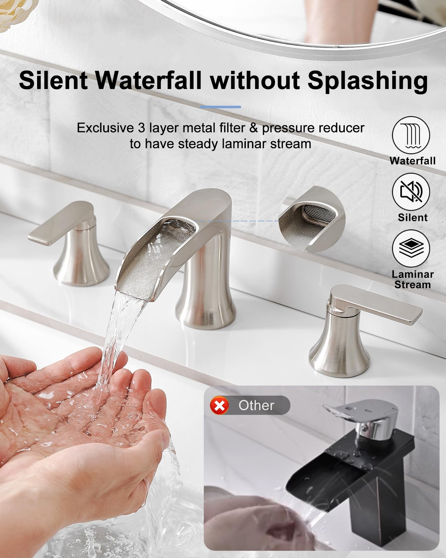 HOIGY Brushed Nickel Widespread Bathroom Faucet, 2 Handles Waterfall Faucet, Bathroom Faucets for Sink 3 Hole, 8 Inch Solid Brass Bathroom Sink Faucets for Vanity Lavatory Restroom with Pop Up Drain