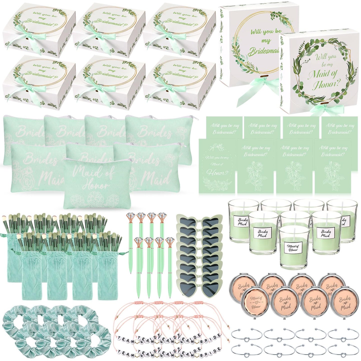 Nuogo 88 Pcs Bridesmaid Proposal Gifts Maid of Honor Gift Bridal Shower Gifts Cosmetic Makeup Bags Invited Cards Knotted Bracelets Scrunchies Hair Diamond Pens Favors for Wedding(Green, Modern)
