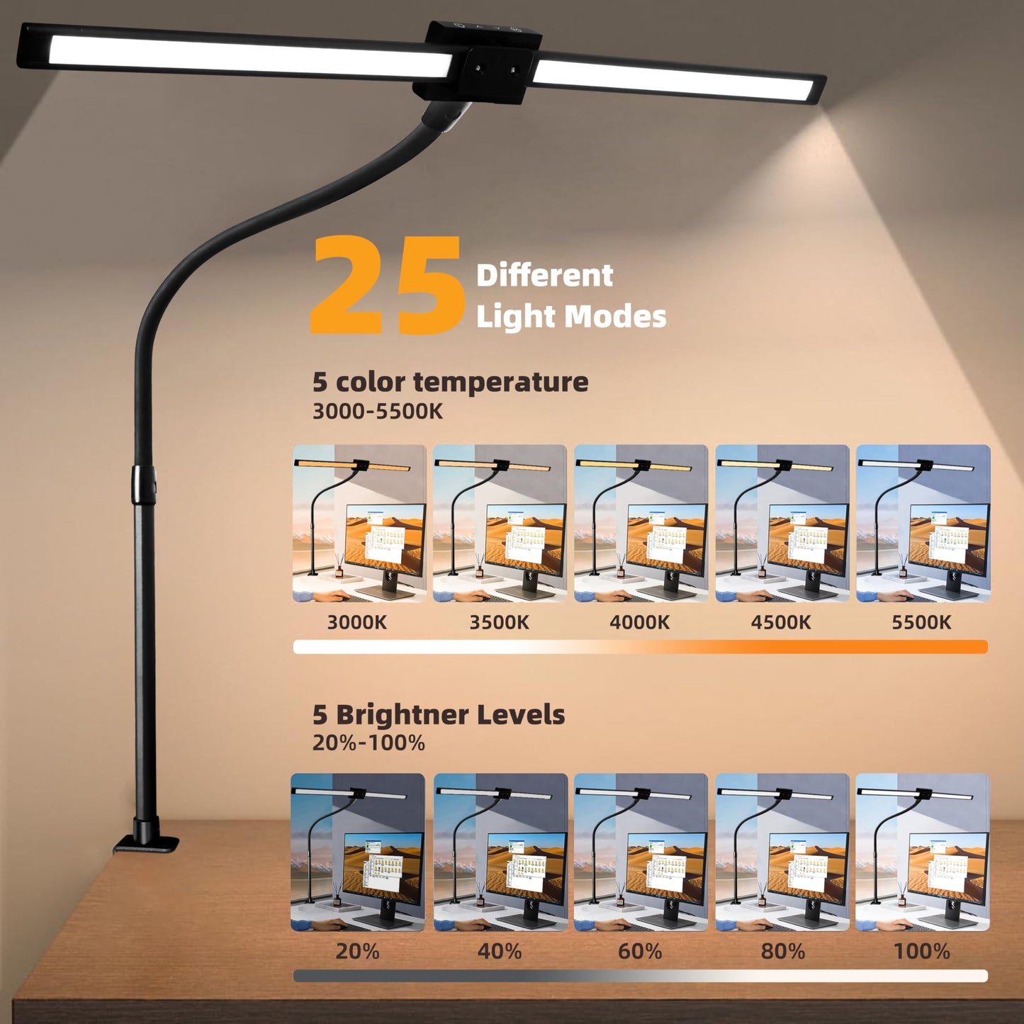 BAYSQUIRREL Led Desk Lamp with Clamp, Gooseneck Remote Control Desk Light with Eye Protection, 24W Ultra Bright Stepless Dimming and Tempering LED Desk Lamp for Home Office, Bedroom, Study