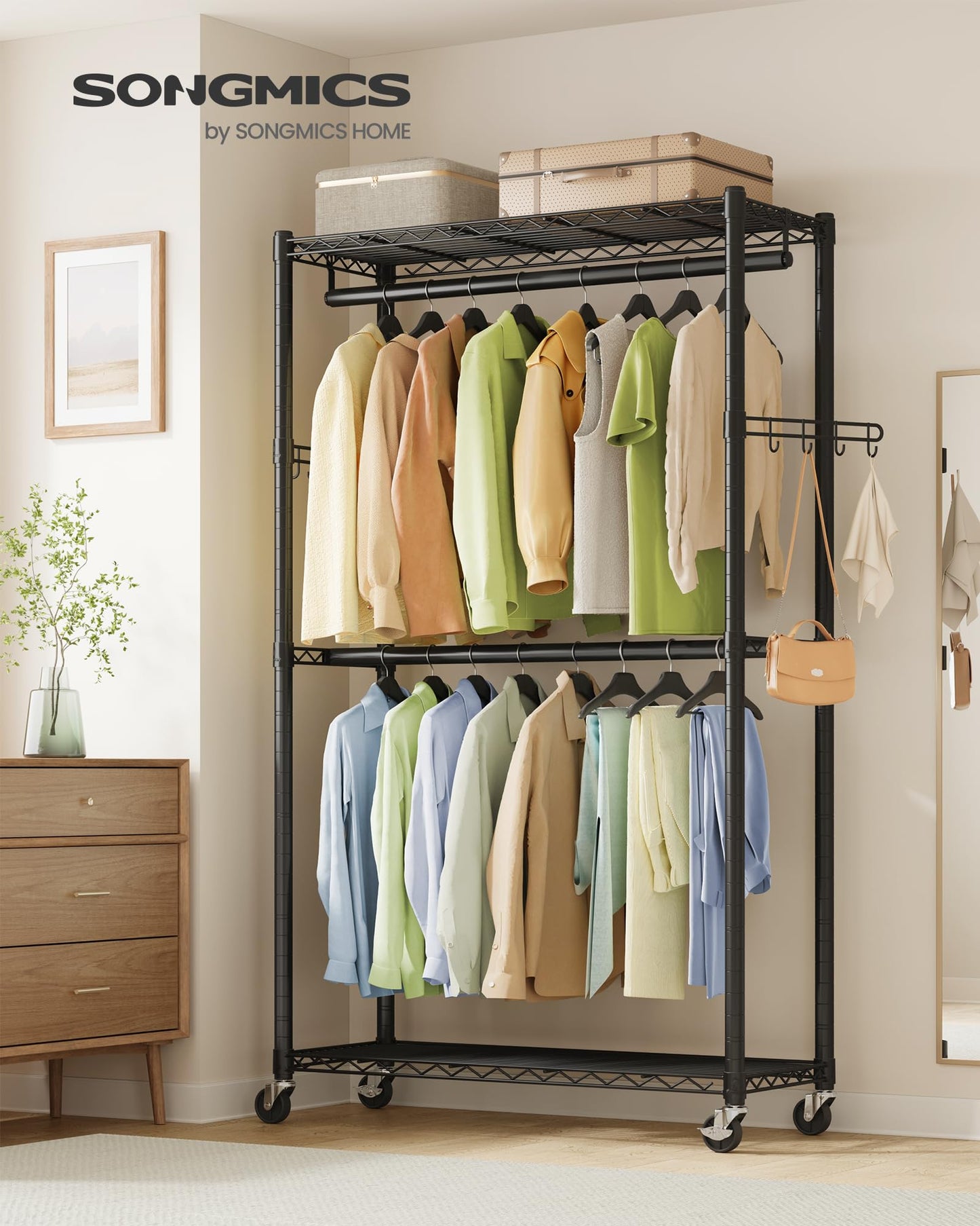 SONGMICS Heavy-Duty Rolling Clothes Rack, Garment Rack, Portable Closet on Wheels, with Adjustable Mesh Shelves and Hanging Rails, Hooks, 15.8 x 35.4 x 78.3 Inches, Ink Black ULGR416BH01