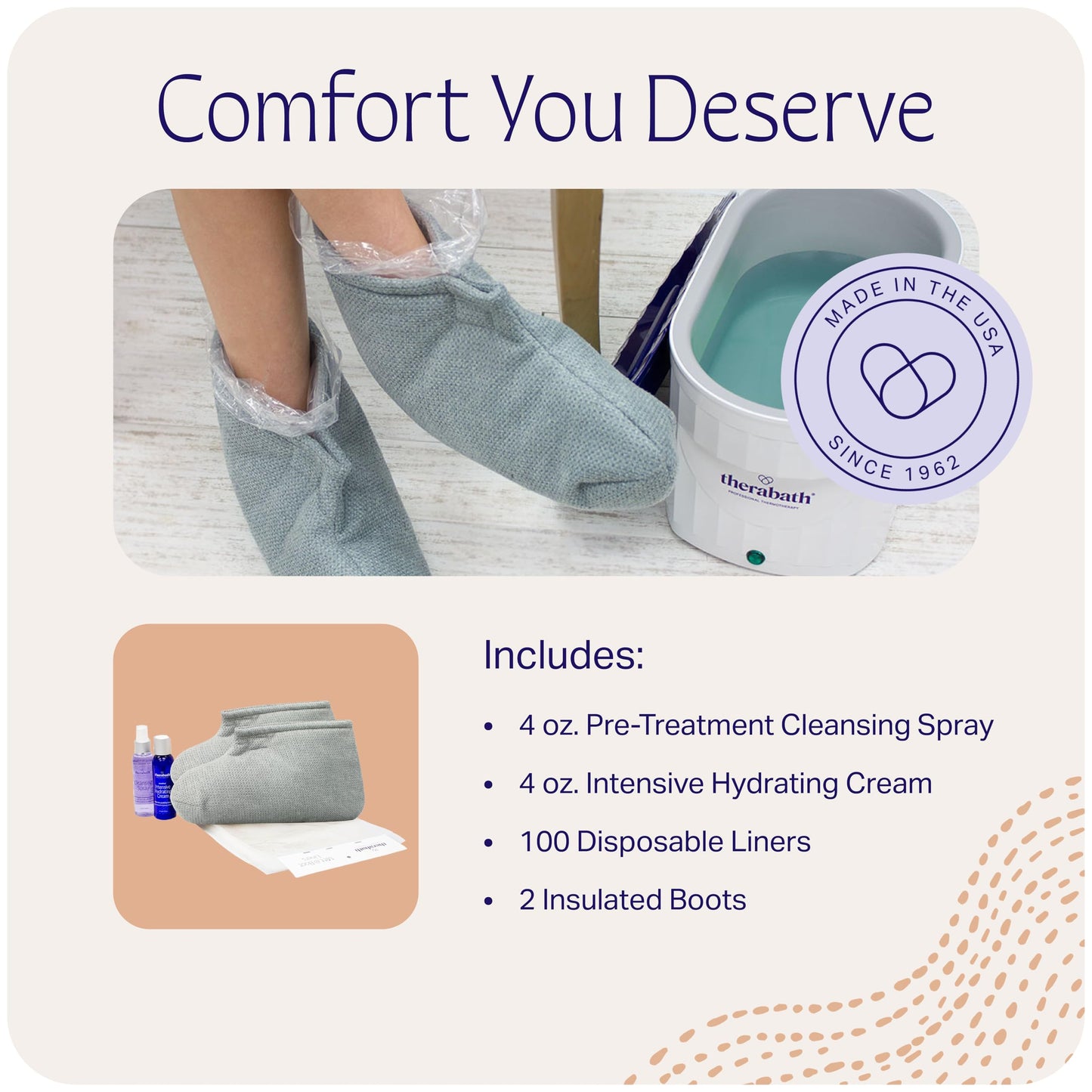 Therabath Foot ComforKit for Paraffin Wax Bath, Arthritis and Skin Therapy, Includes 2 Insulated Boots, 100 Liners, 4 oz. Pre-Treatment Spray, Intensive Hydrating Cream, for Home or Spa, Made in USA