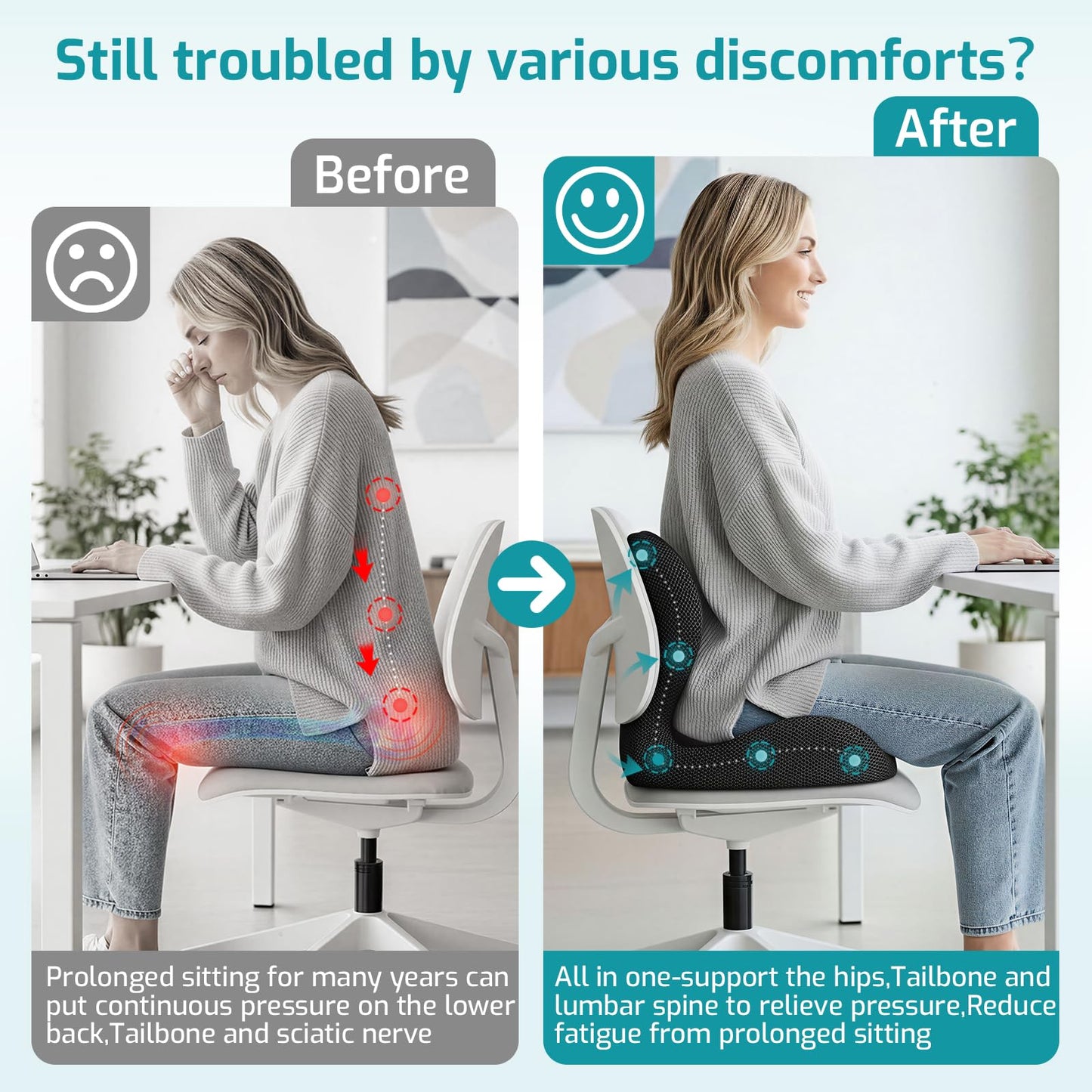 XZdream Ergonomic Seat Cushion,Office Chair Cushion with Lumbar Support Pillow,Car Orthopedic Seat Cushions,Designed for Sciatica,Tailbone,Back Pain Relief,for Office,Car,Truck,Home,Desk Chair