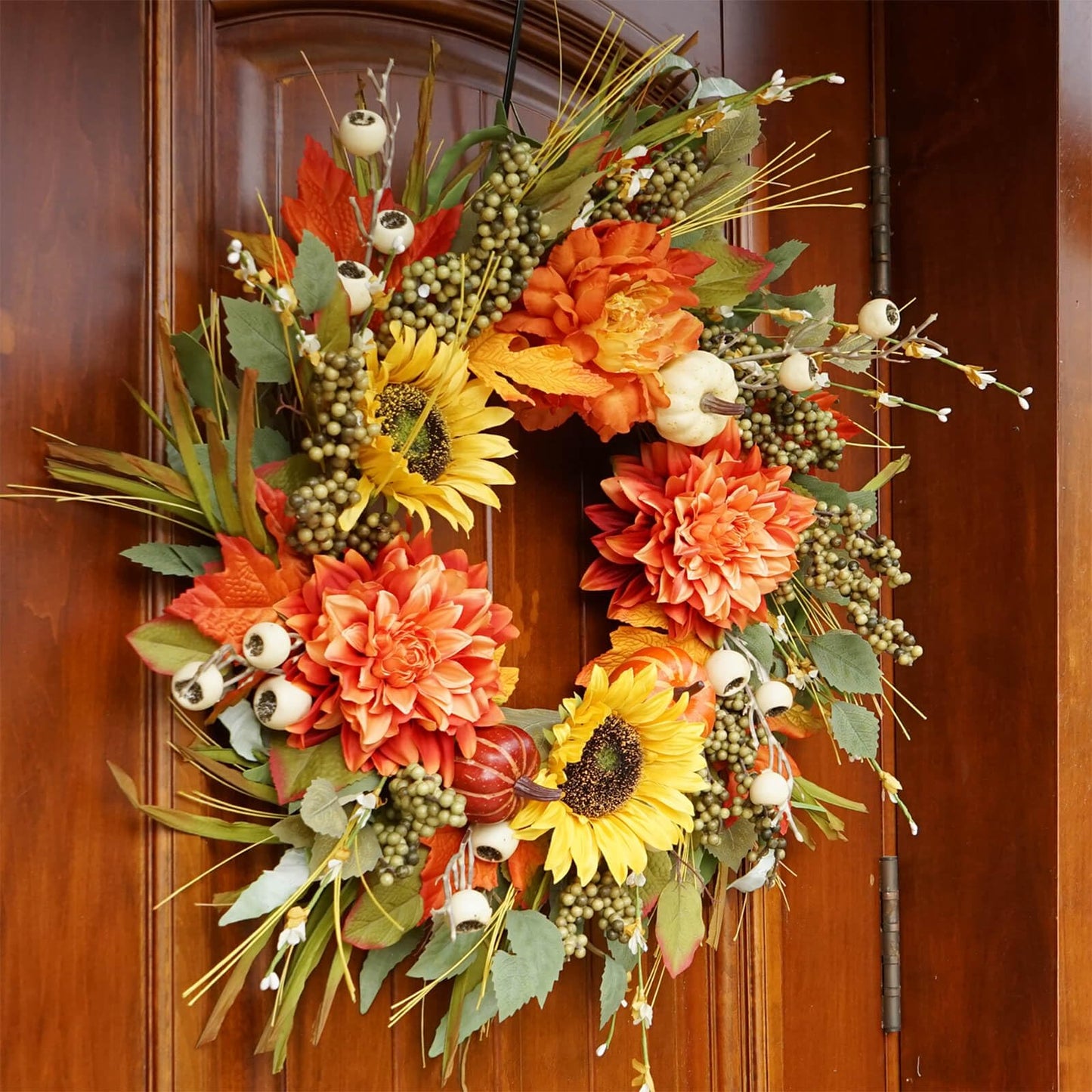 Fall Wreaths for Front Door 24 Inch Fall Wreath with Pumpkins, Sunflowers & Berries – Outdoor Autumn Wreath for Porch, Thanksgiving, Halloween & Harvest Decor