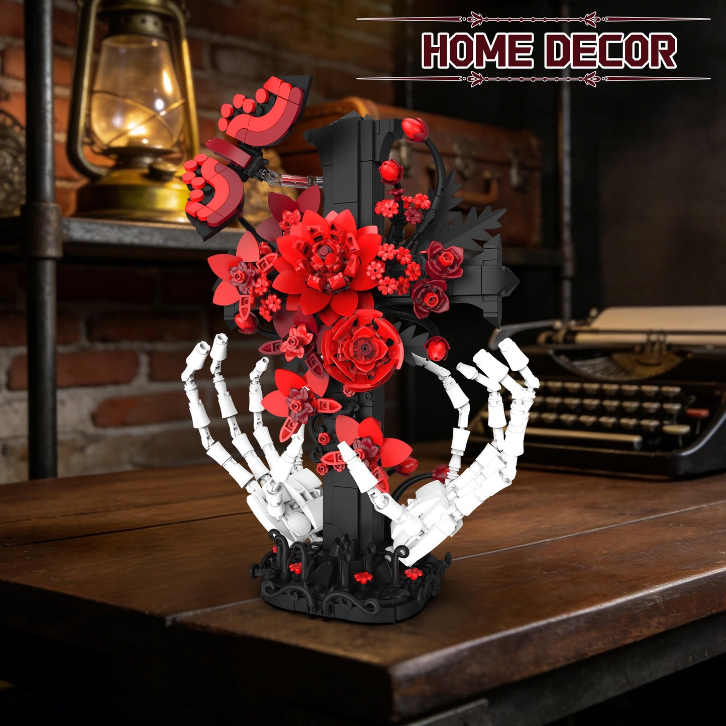 chanbrick Jesus Cross Building Set with Flower & Skull Hand for Adults, Gothic Crucifix Rose Skeleton Collectible Model for Women Home Art Decor