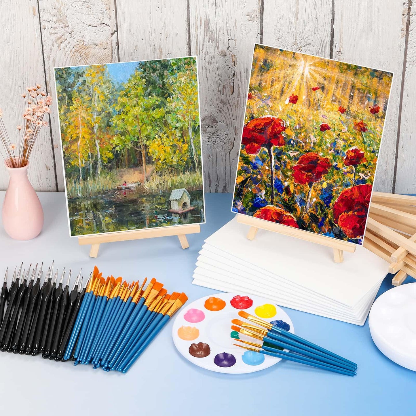 160 Pack Canvas with Easel Miniature Painting Kit with Wooden Easel and Blank Canvas Boards, Detail Paint Brushes Set for Adults Couples Paint Party Supplies, Paint and Sip Date Night Kits