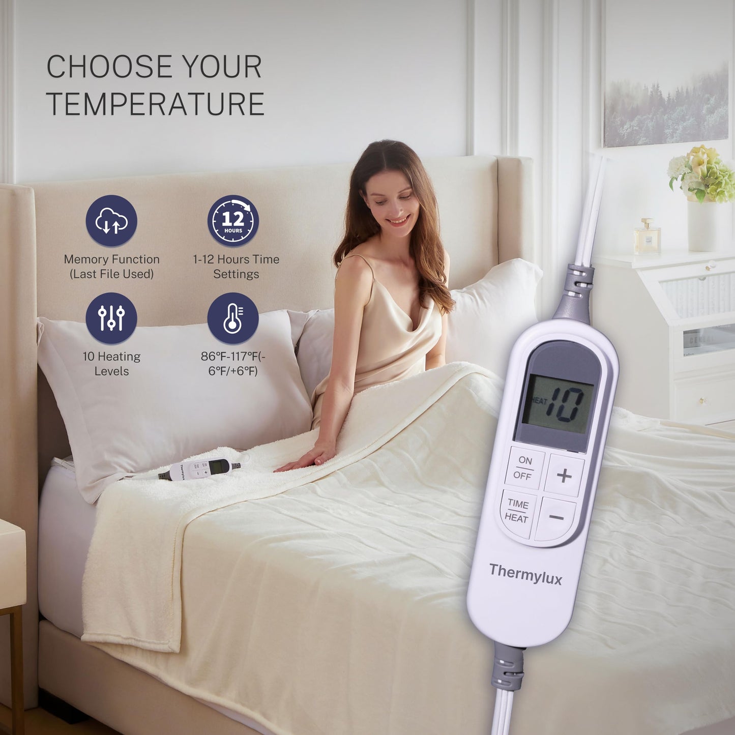 Thermylux Electric Blanket Full 72"x84" Heated Electric Blankets 10 Heating Levels 8 Hours Auto Off Fast Heating and Overheat Protection ETL Certified Machine Washable,Ivory