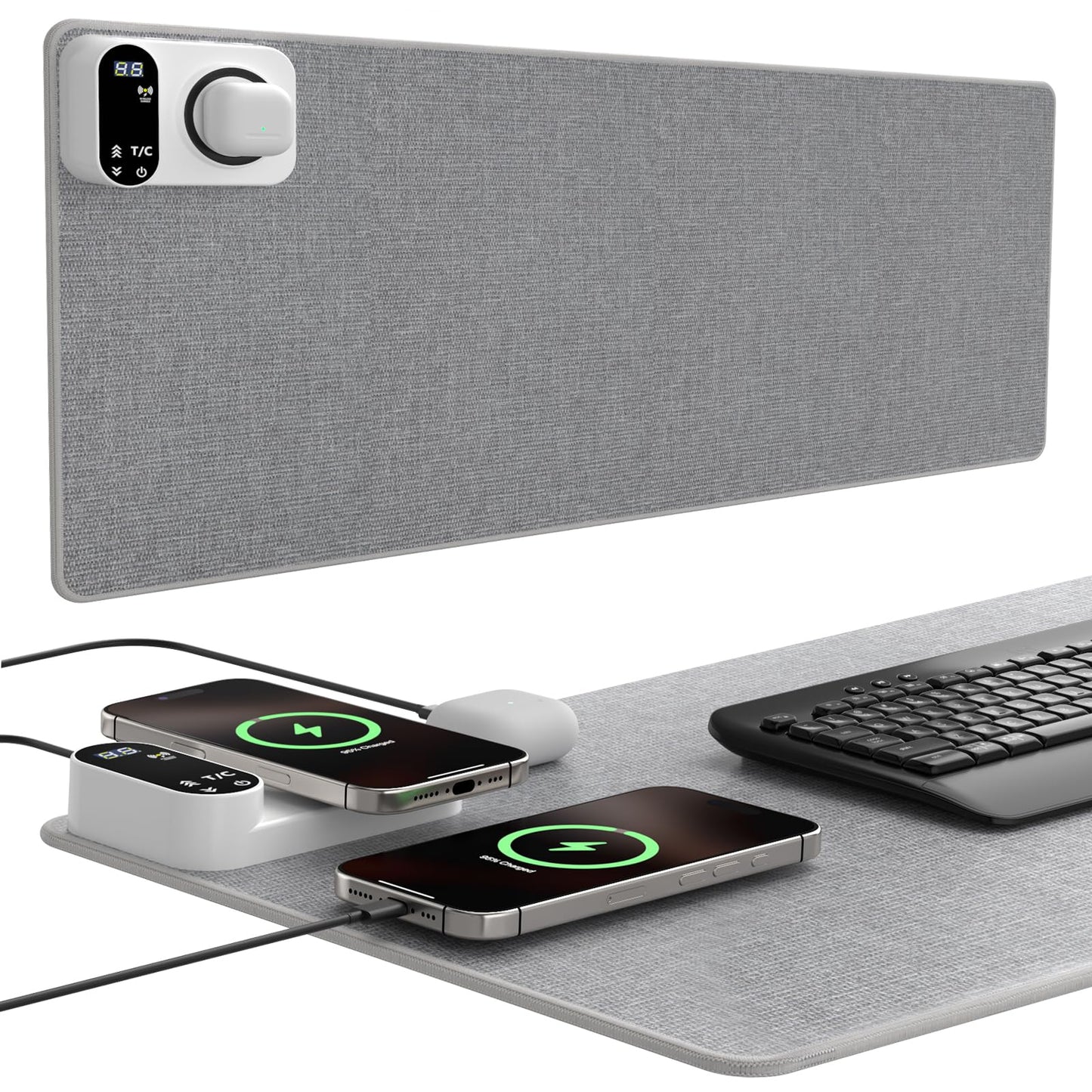 YUECHCASES Heated Desk Pad, 10s Fast Heating Desk Mat with Integrated 15W Wireless Charging for Phone/Earbuds, 31.5" x 13" Waterproof Mouse Pad, 2-6H Auto-Stop, Precision 1-Degree Temp Control