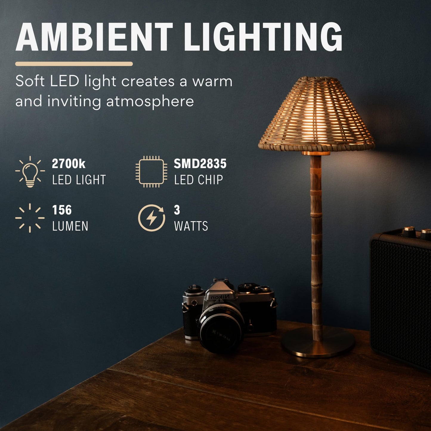LUXELYKOS Bamboo Cordless LED Table Lamp – Rechargeable 24-Hour Battery, Dimmable Warm Light, 15" Portable Wireless Lamp with Remote for Indoor/Outdoor Use, Home, Patio, Restaurant – Natural Rattan