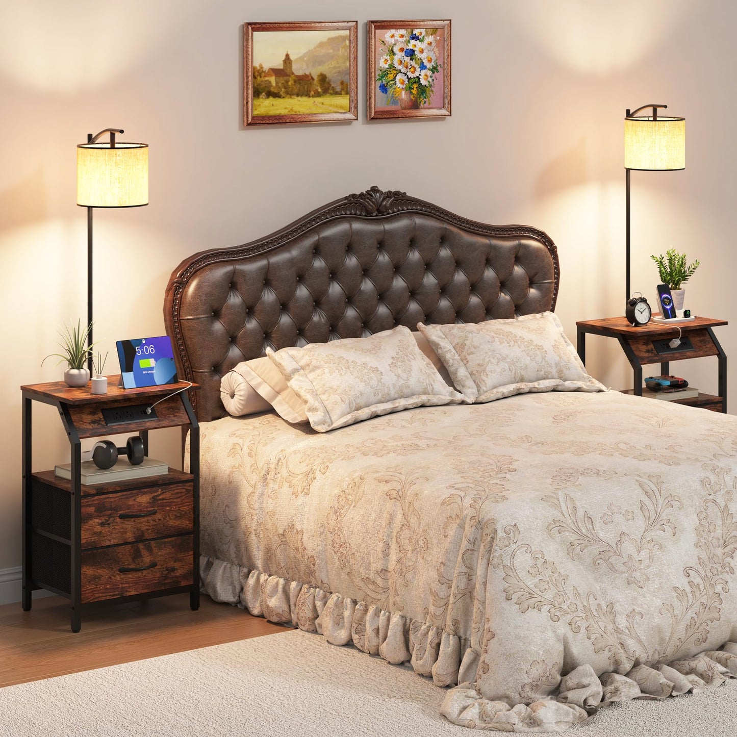 ZHNSYDN End Table with Floor Lamp, Nightstand with Charging Station, Floor Lamp Table with 3-Color Temperature Bulb, Bedside Table Night Stand with 2 Drawers for Bedroom, Living Room, Brown