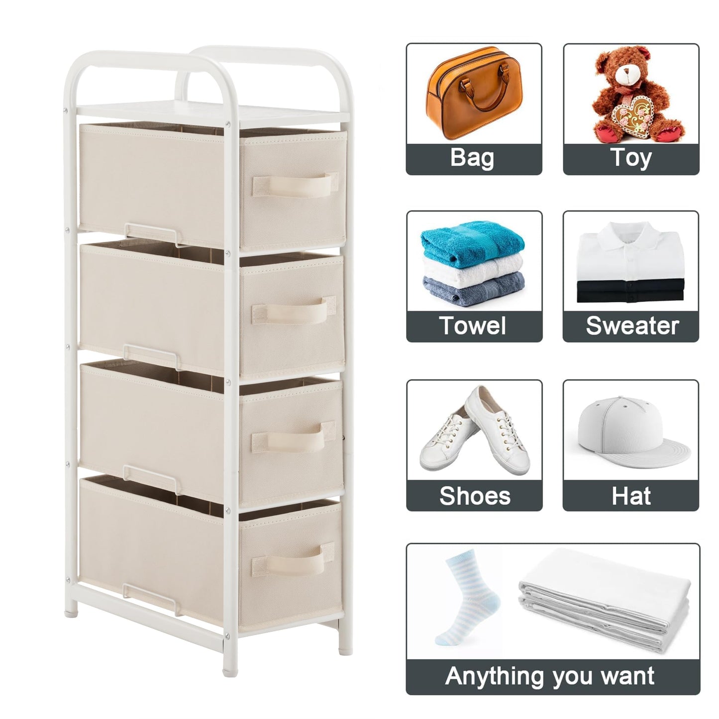 MAX Houser 4 Drawer Narrow Dresser Fabric Storage Tower Vertical Slim Storage Chest Organizer Nightstand Side/End Table Small Standing Organizer Removable Drawers Wood Top for Bedroom, Bathroom(Beige)