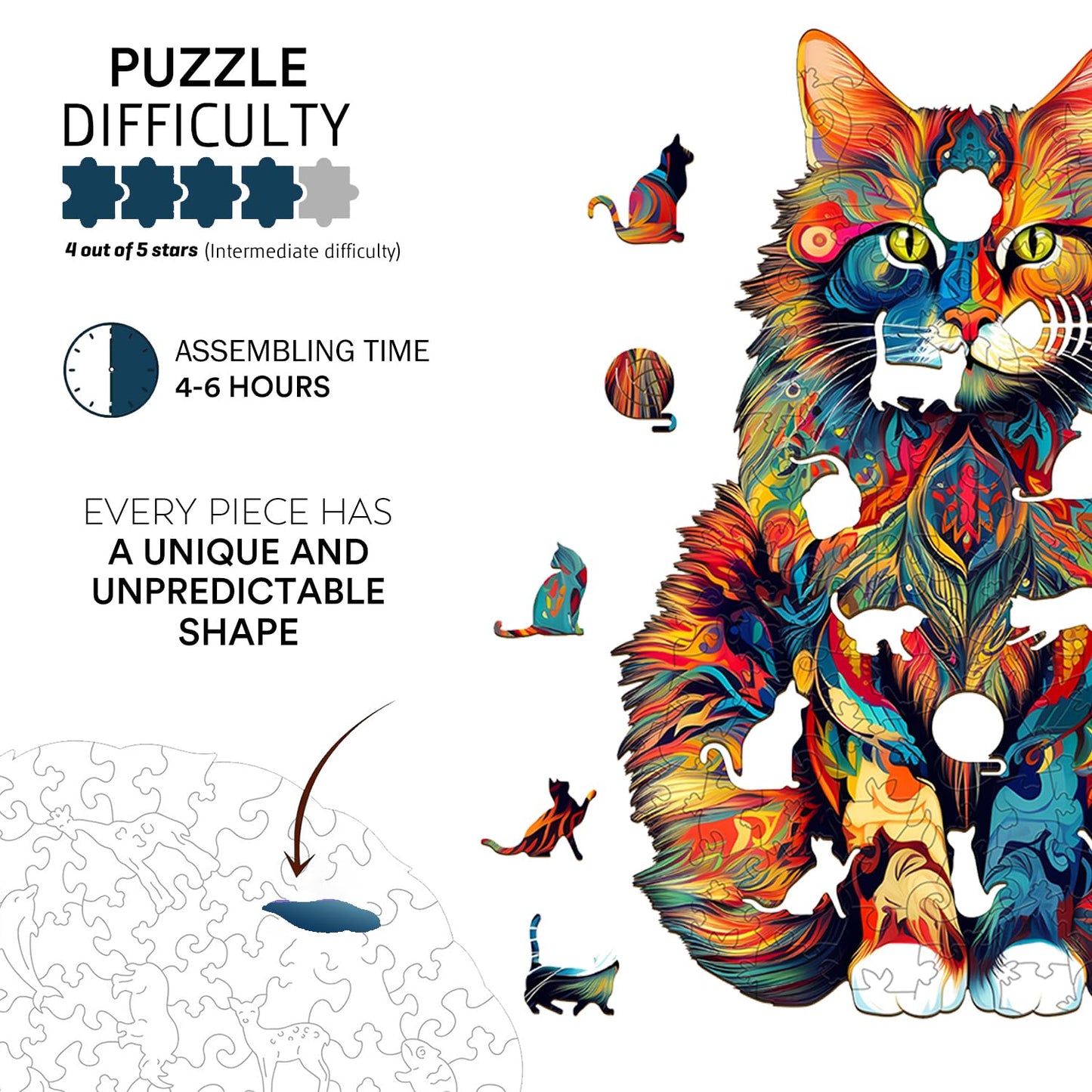 Jigfoxy Wooden Puzzles for Adults, Cat Wood Puzzle for Adult, Unique Animal Shape Puzzles, Challenging Jigsaw Puzzle(L-16.5 * 13.2in-300Pcs)