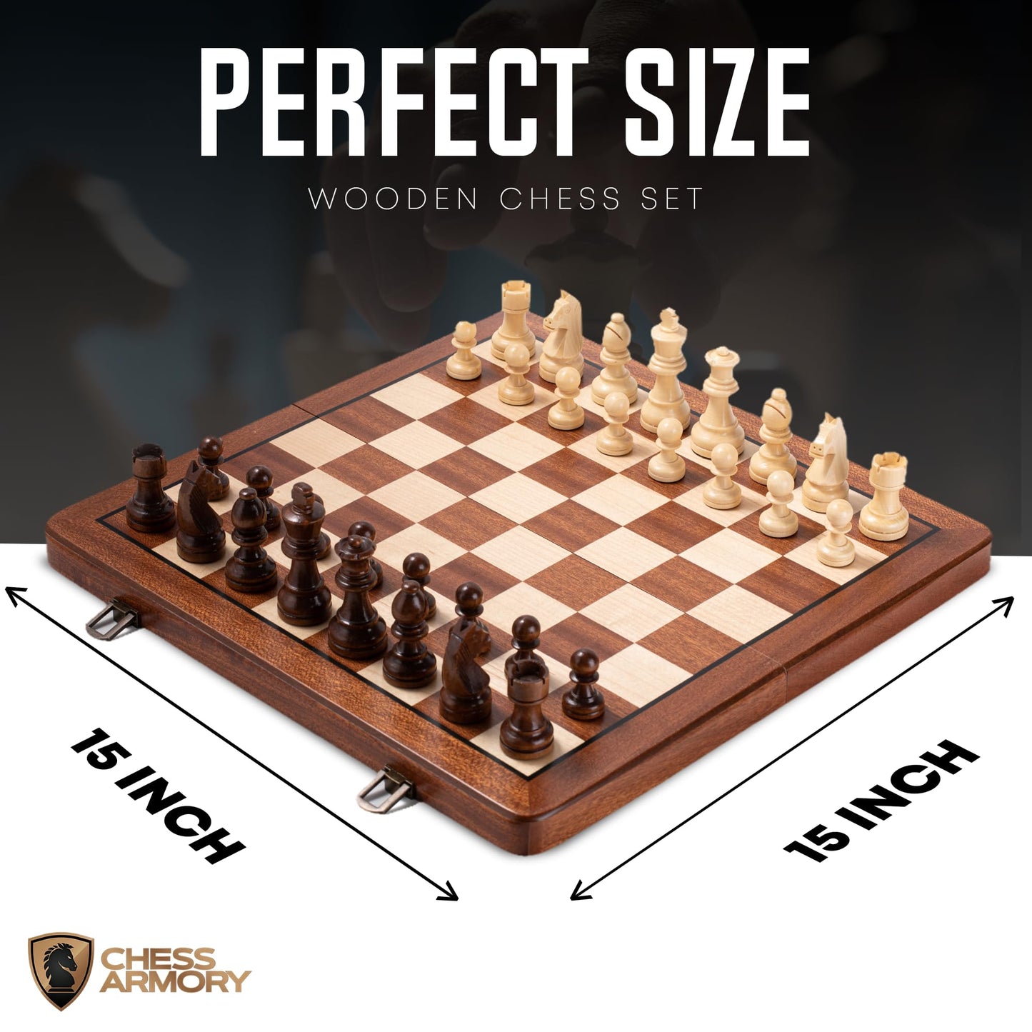 Chess Armory Wooden Chess Set 15 Inch - Premium Sapele Wood Handcrafted Game Board for Adults and Kids with Extra Queen Pieces and Storage Box - Ideal for Home and Travel - Non-Magnetic