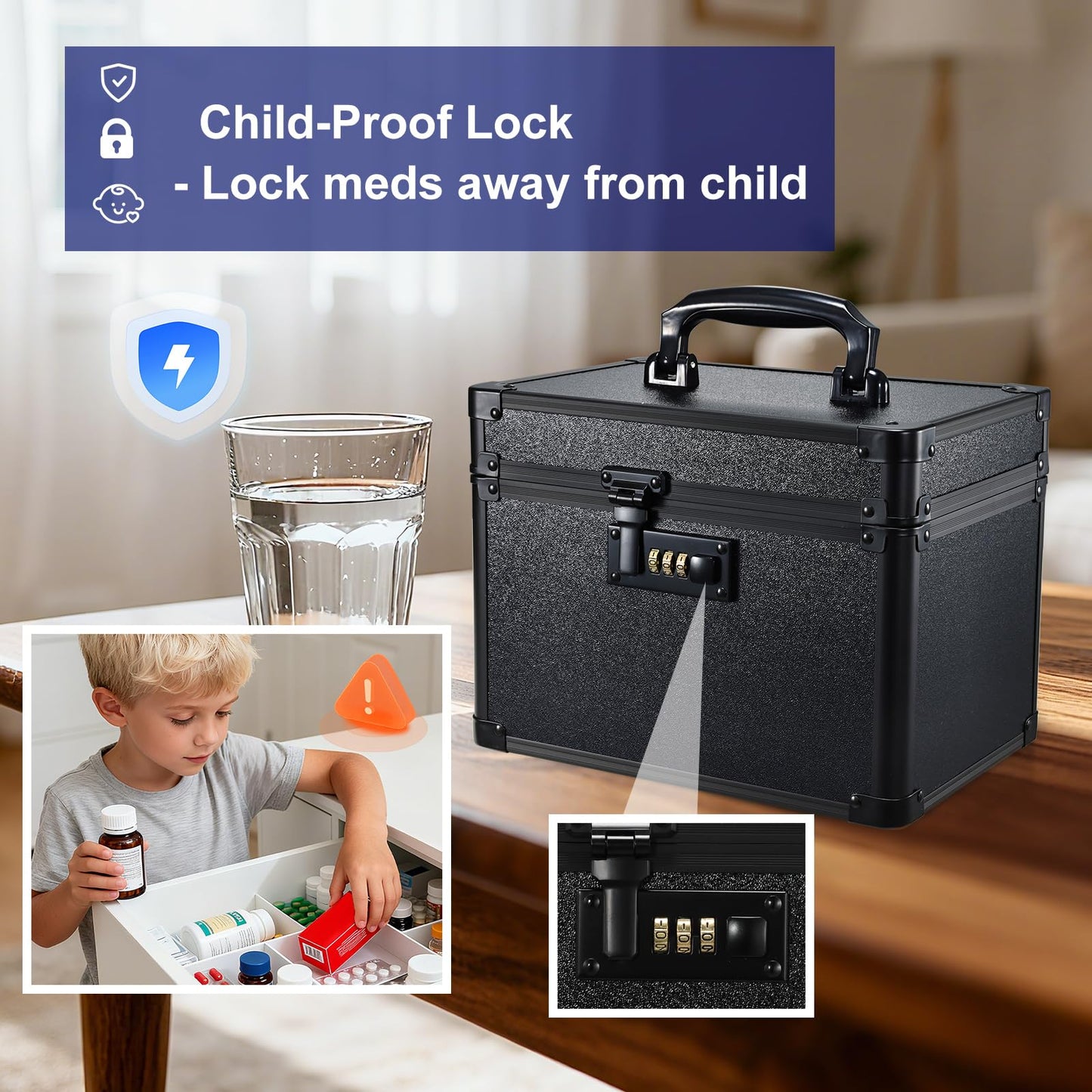 Lockable Security Storage Box - Shiny Black Safe Combination Lock Box, Cabinet Med Organizer, 10 x 7 x 7.9 Inches Safe Case for Documents, Valuables, Medicine & Money