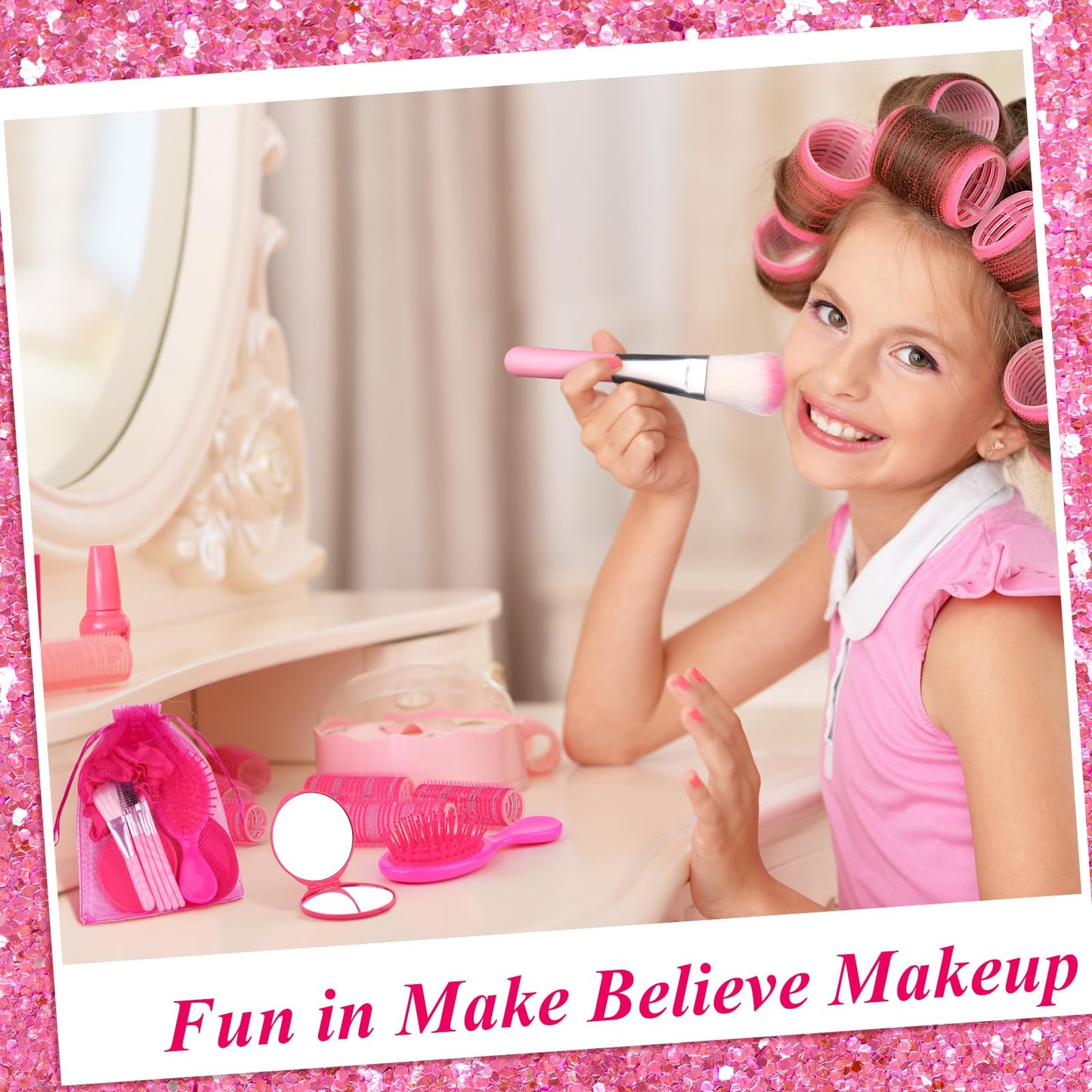 72 PCS Pink Girl Party Favors Kids Makeup Party Supplies Includes Pink Hair Brush Elastic Pink Scrunchies Foldable Cosmetic Mirror Makeup Brushes Eye Mask Organza Bags for Girls Women