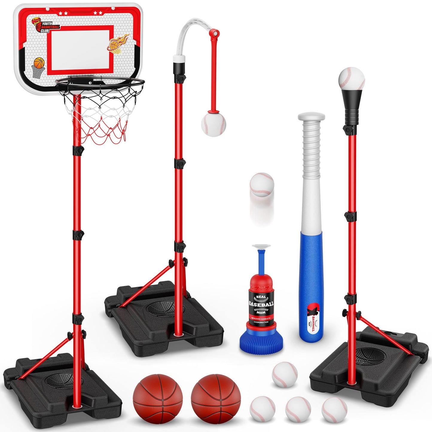 Kids Basketball Hoop Set 4 in 1 and T-Ball Adjustable T-Ball Stand with Automatic Throwing Machine Sports Toys Indoor Outdoor Gifts